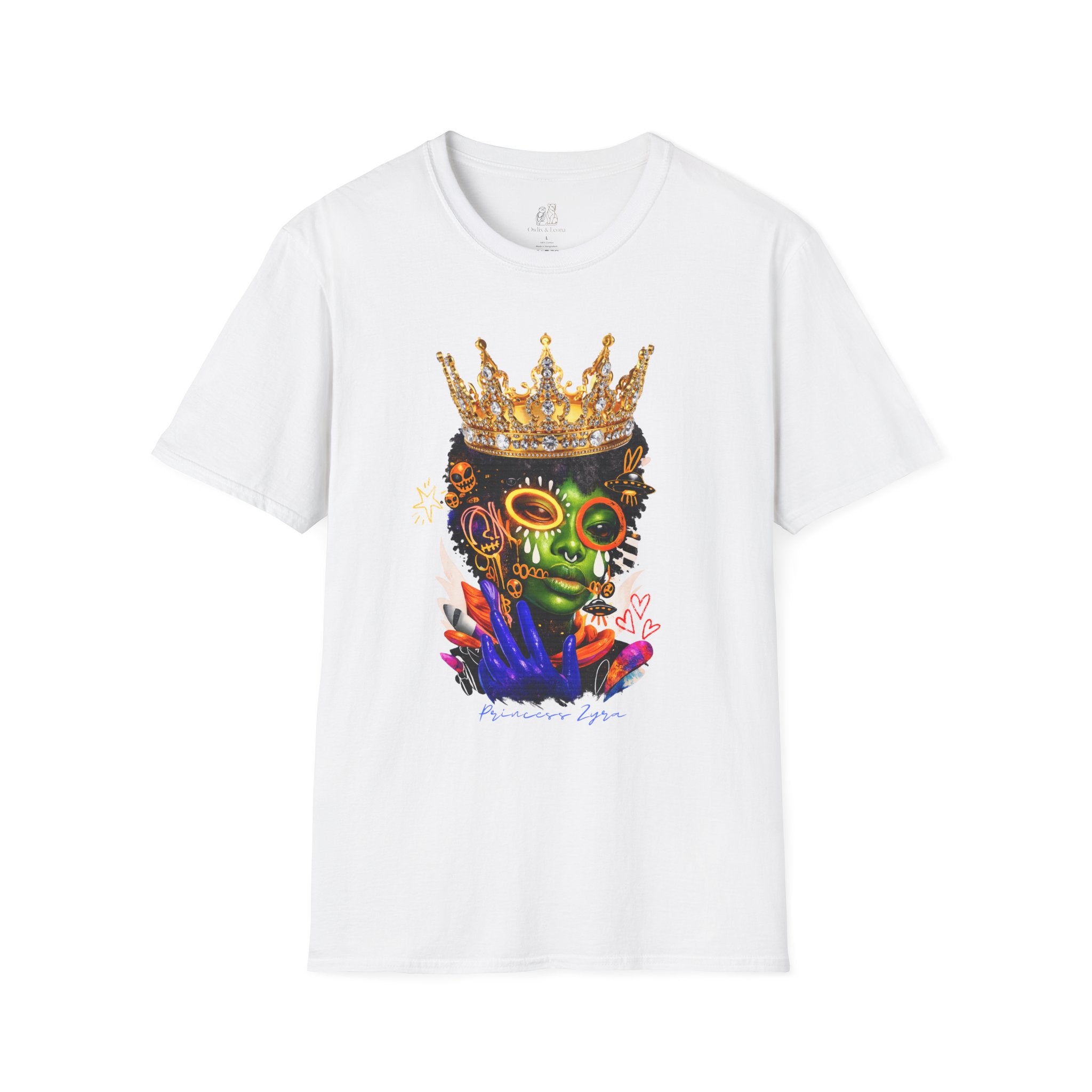 Princess Zyra T-Shirt — Vibrant Crowned Afro Skull Graphic Tee