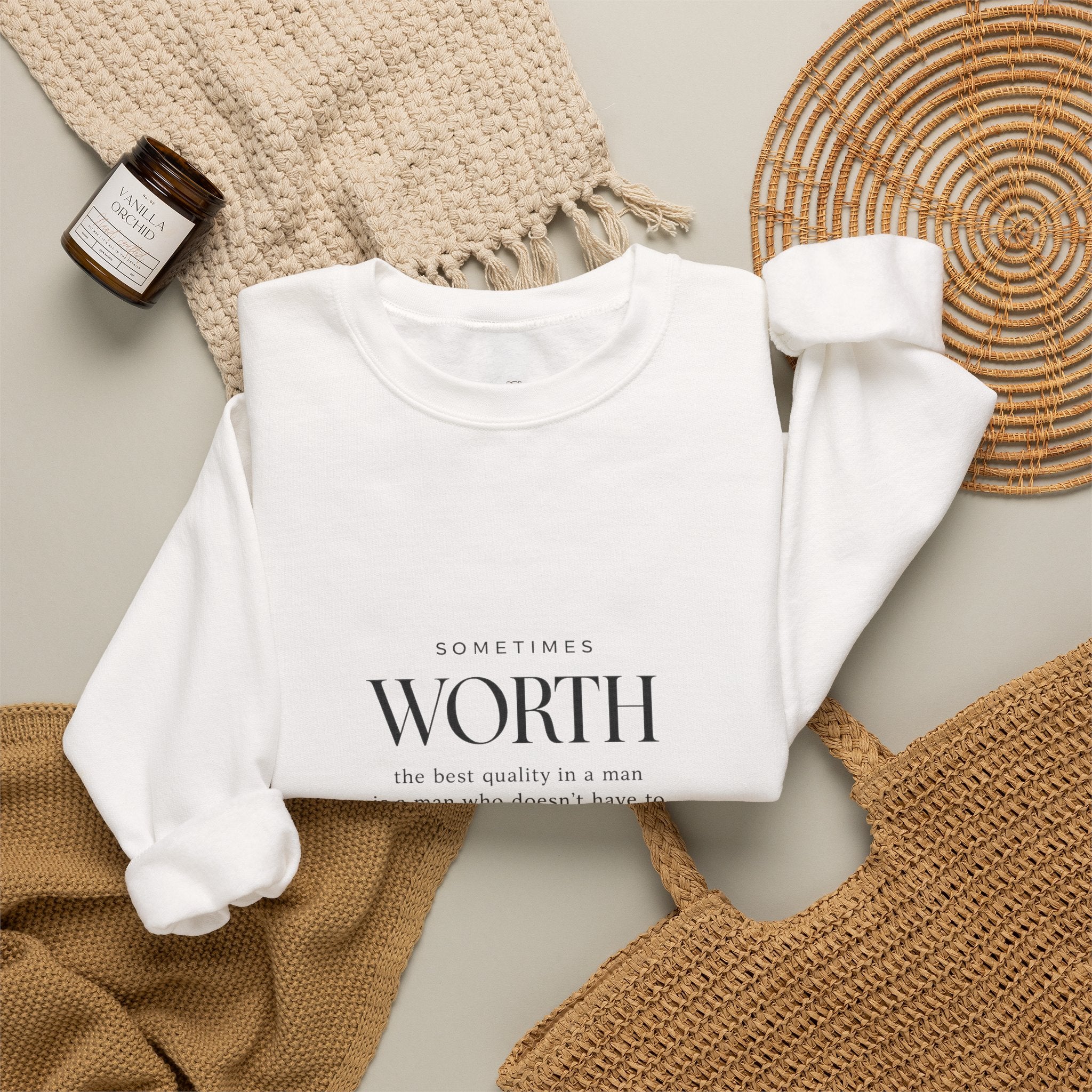 Crewneck Sweatshirt — Minimal 'Worth & Value' Inspirational Typography