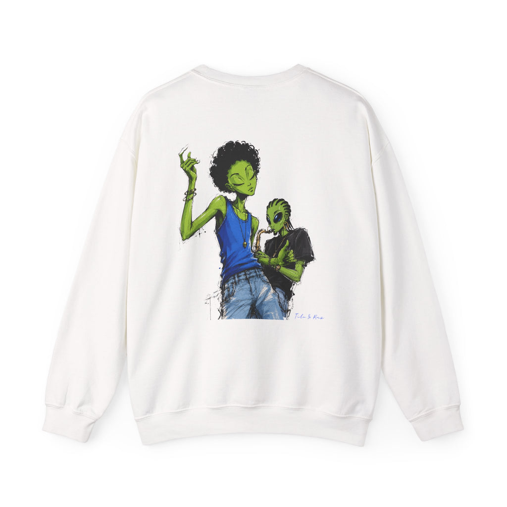 Alien Jazz Crewneck Sweatshirt — Green Extraterrestrial Sax Player Design-Tito & Raz Edition