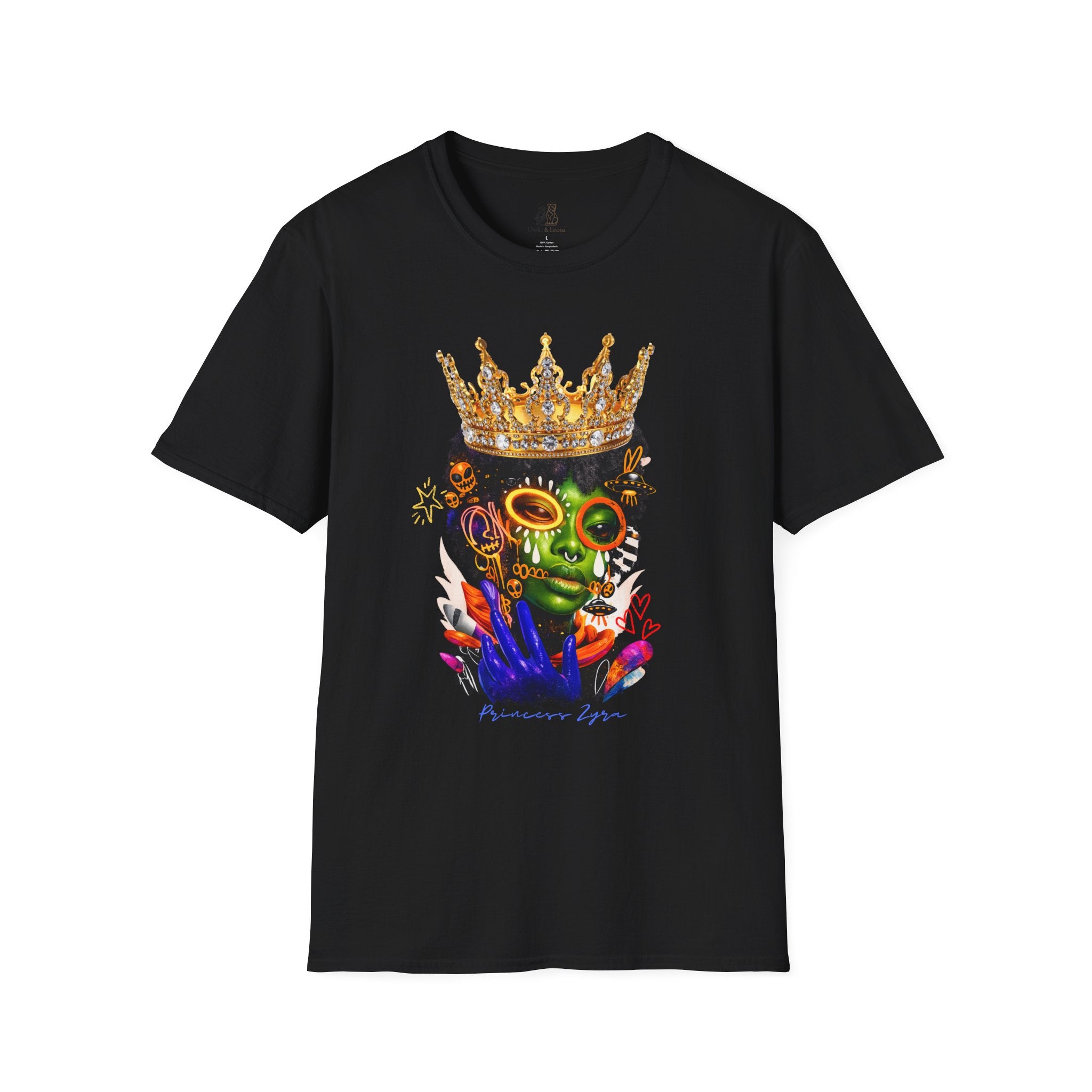 Princess Zyra T-Shirt — Vibrant Crowned Afro Skull Graphic Tee