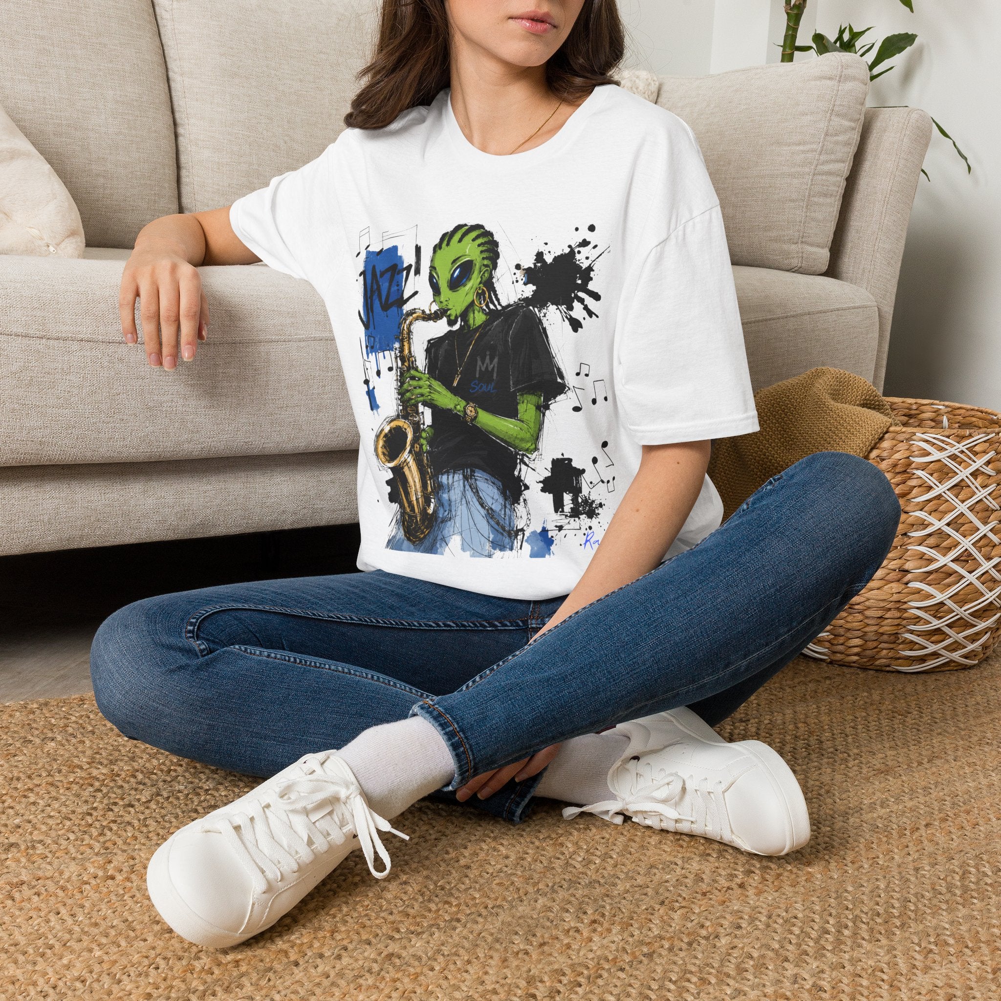 Raz Jazz Saxophone T-Shirt — Green Extraterrestrial Music Tee-Tito & Raz Edition