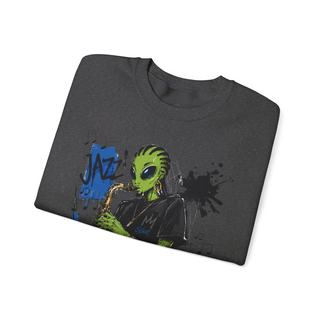 Alien Jazz Crewneck Sweatshirt — Green Extraterrestrial Sax Player Design-Tito & Raz Edition