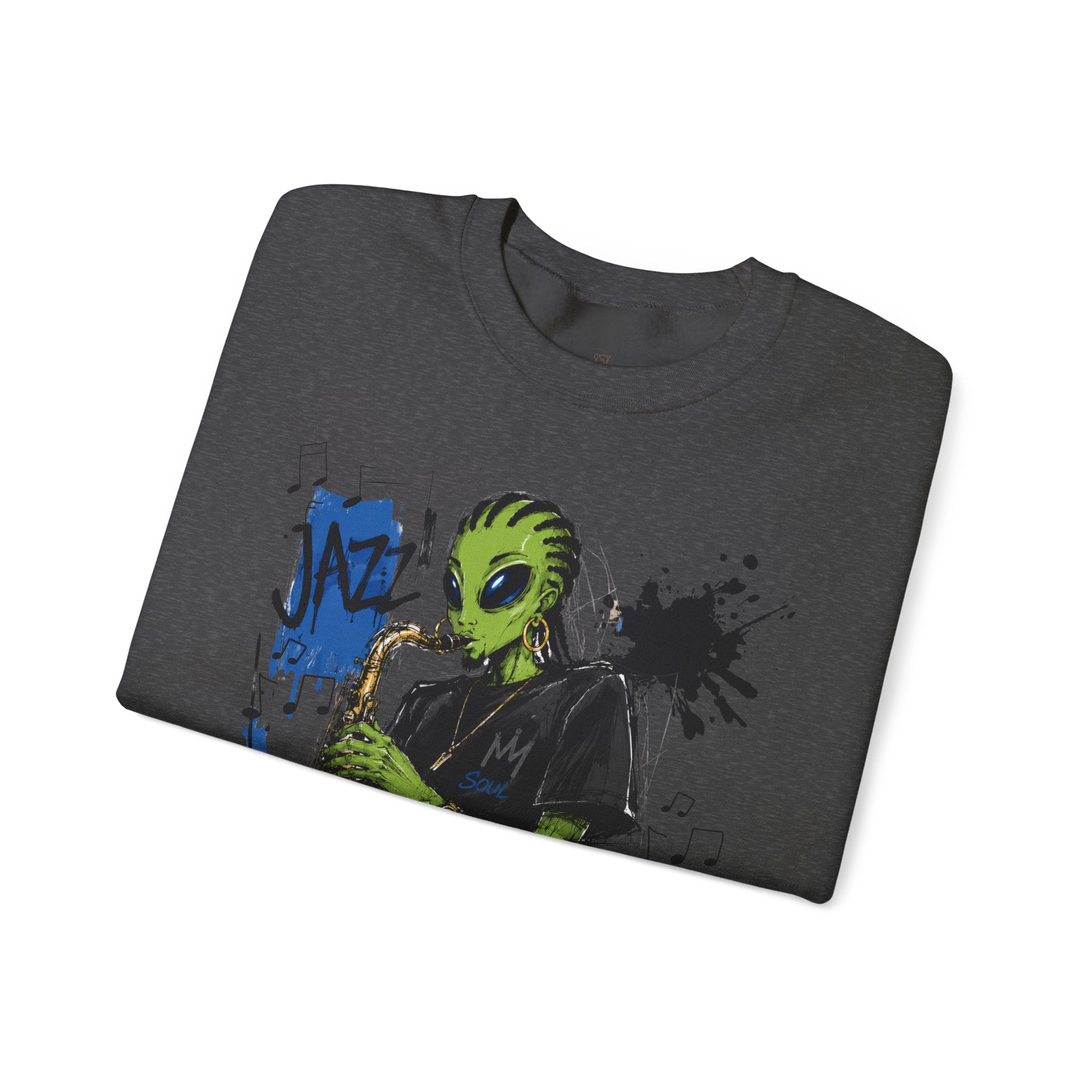 Alien Jazz Crewneck Sweatshirt — Green Extraterrestrial Sax Player Design-Tito & Raz Edition