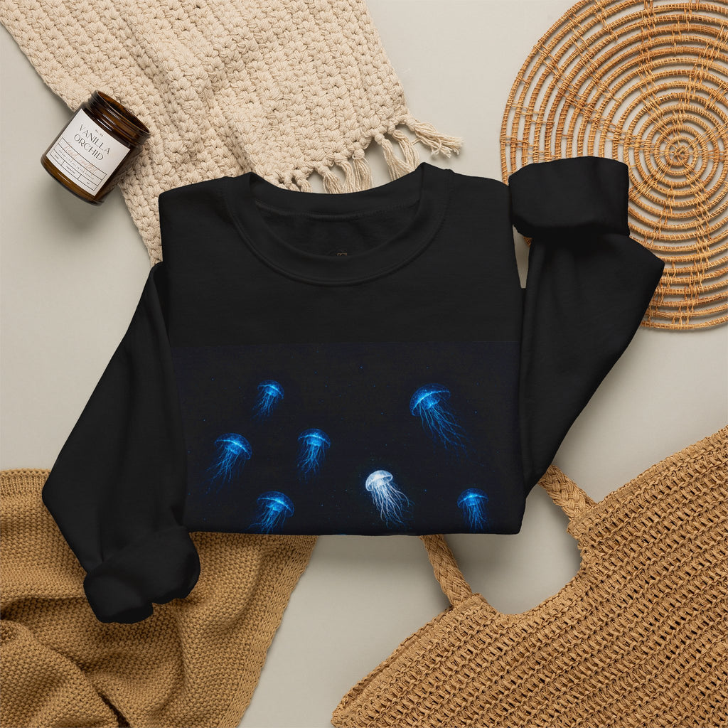 Crewneck Sweatshirt — Blue Jellyfish Glow Graphic with 不易察觉的 bù yì chá jué de