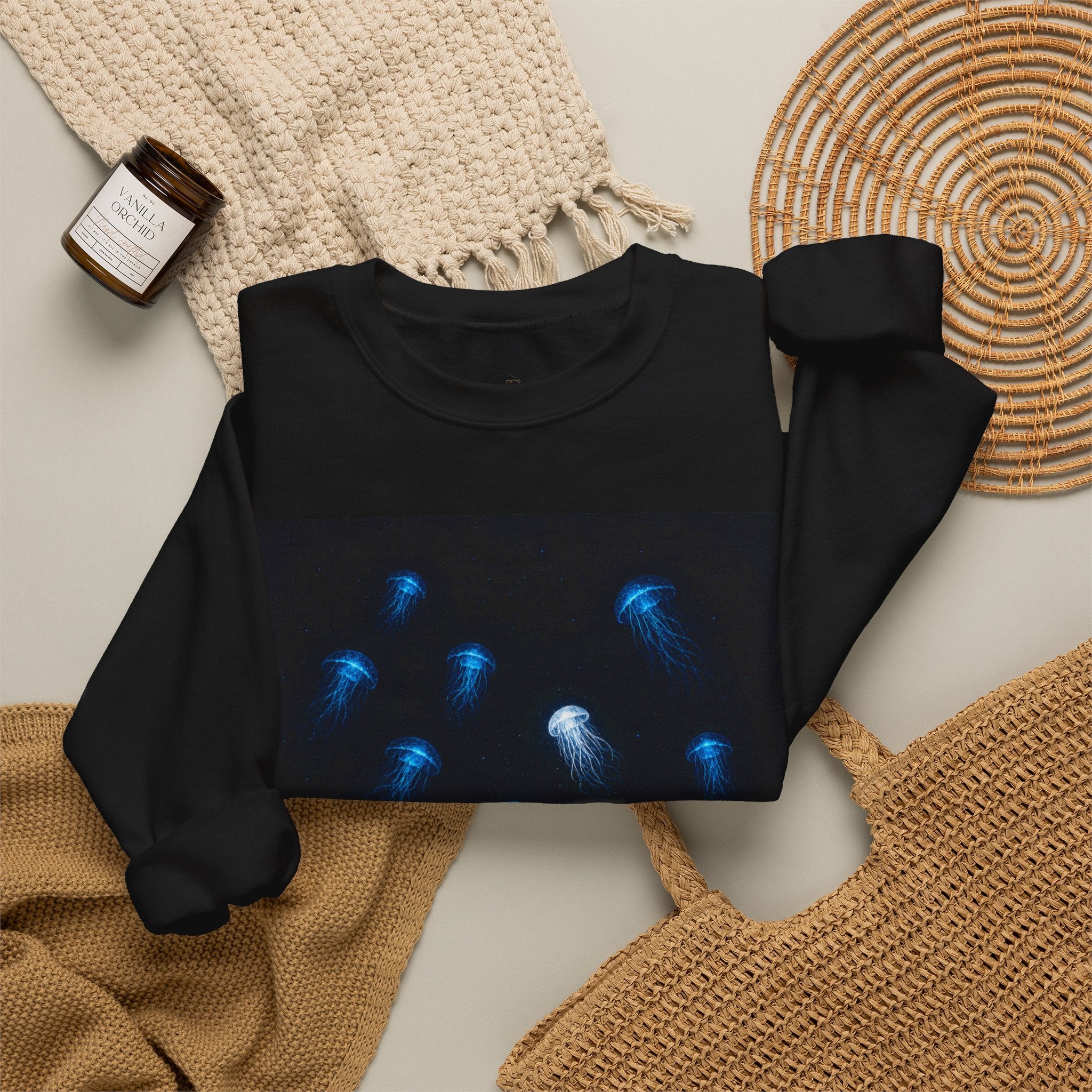 Crewneck Sweatshirt — Blue Jellyfish Glow Graphic with 不易察觉的 bù yì chá jué de