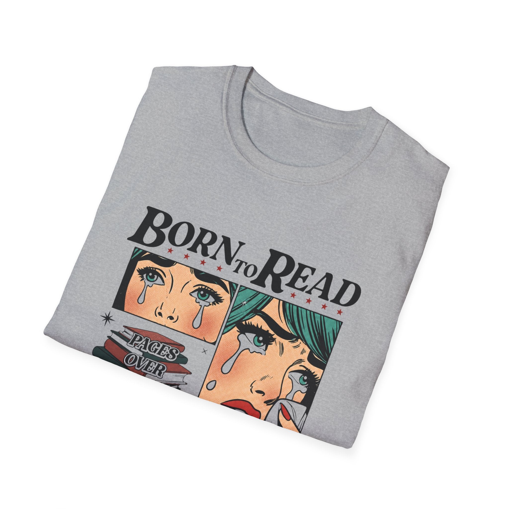 Born to Read, Forced to Work Graphic T-Shirt — Retro Pop Art Book Lover Tee (Green eyes)