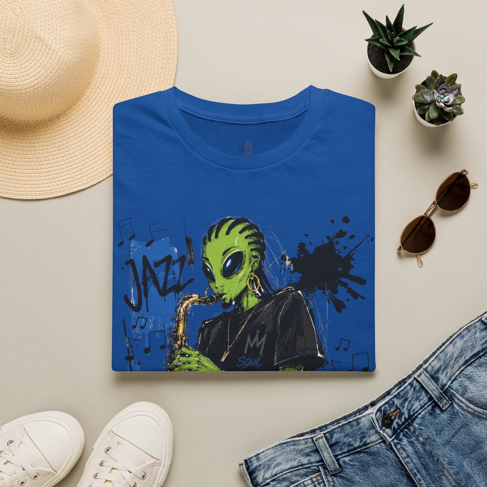 Raz Jazz Saxophone T-Shirt — Green Extraterrestrial Music Tee-Tito & Raz Edition