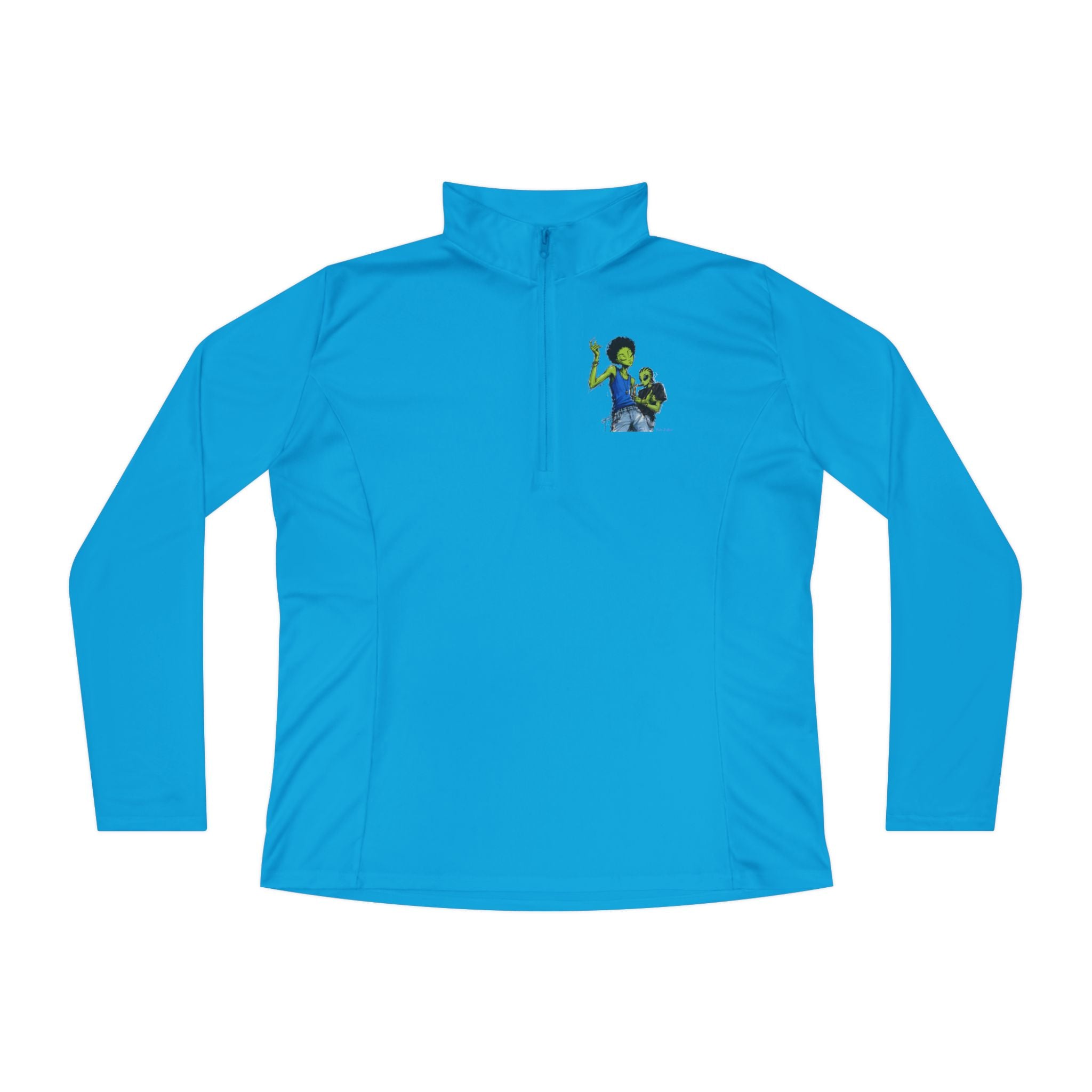 Ladies Quarter-Zip Pullover — Green Alien Pose Embroidered Performance Top