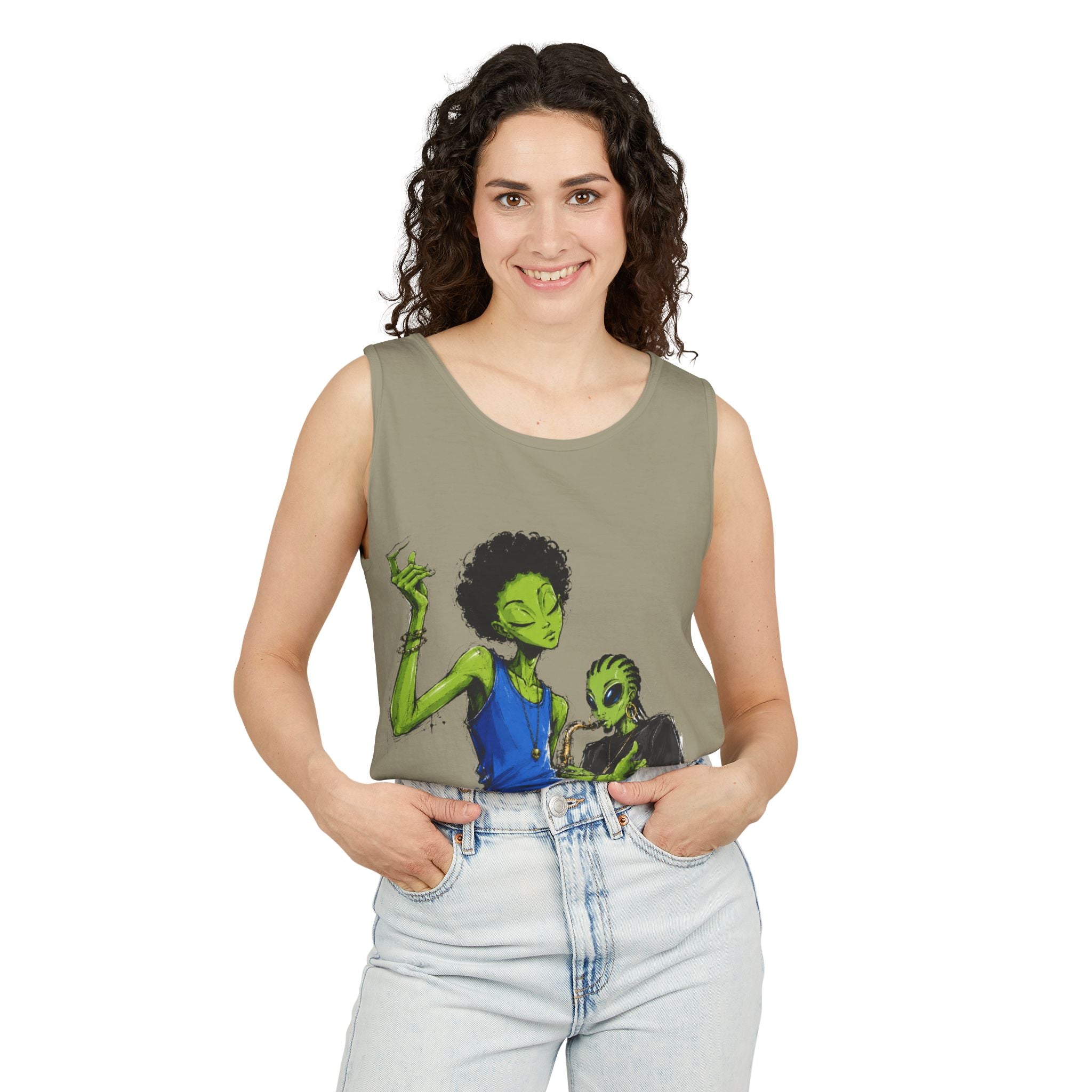 Alien Duo Graphic Tank Top — Retro Streetwear Art Tee-Tito & Raz Edition