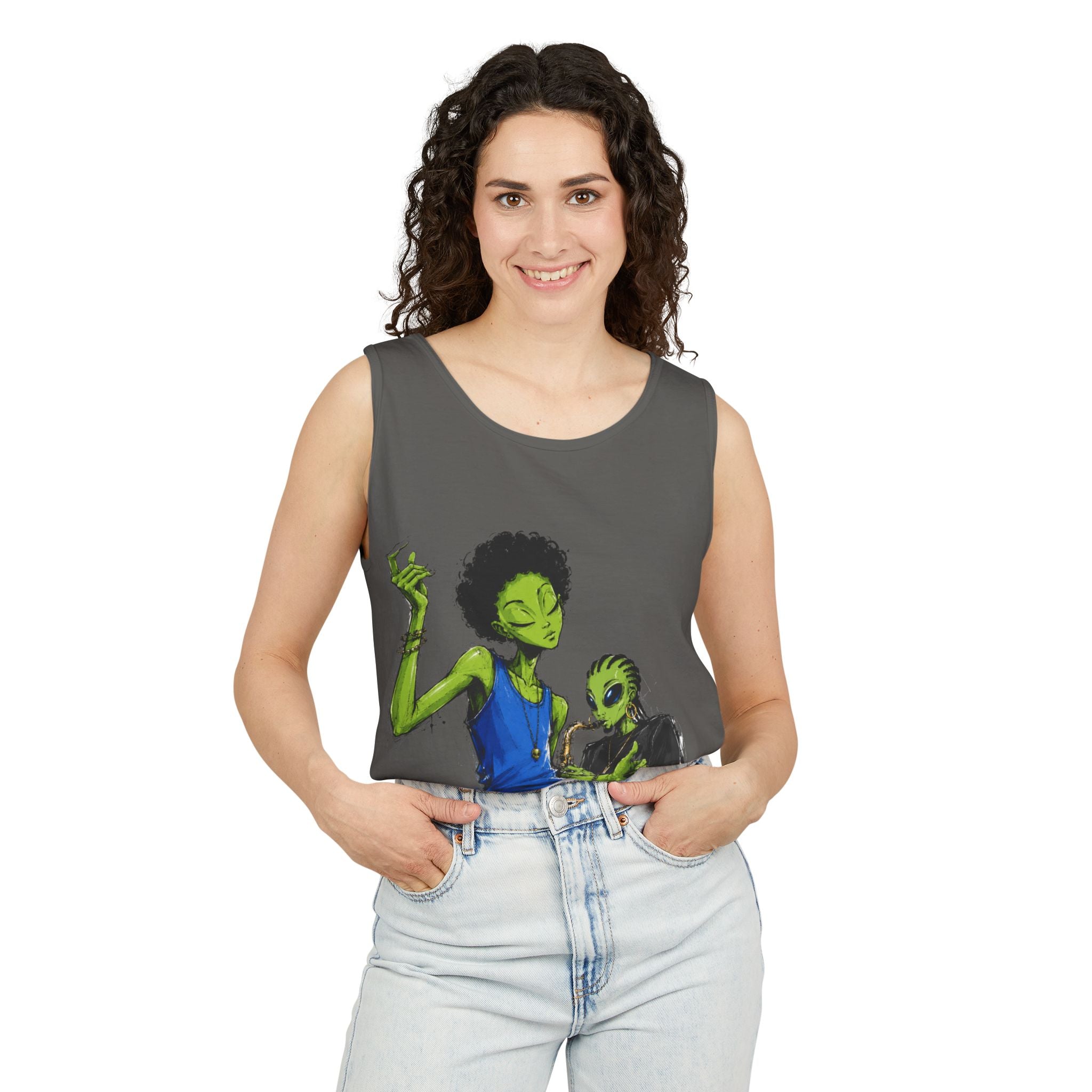 Alien Duo Graphic Tank Top — Retro Streetwear Art Tee-Tito & Raz Edition