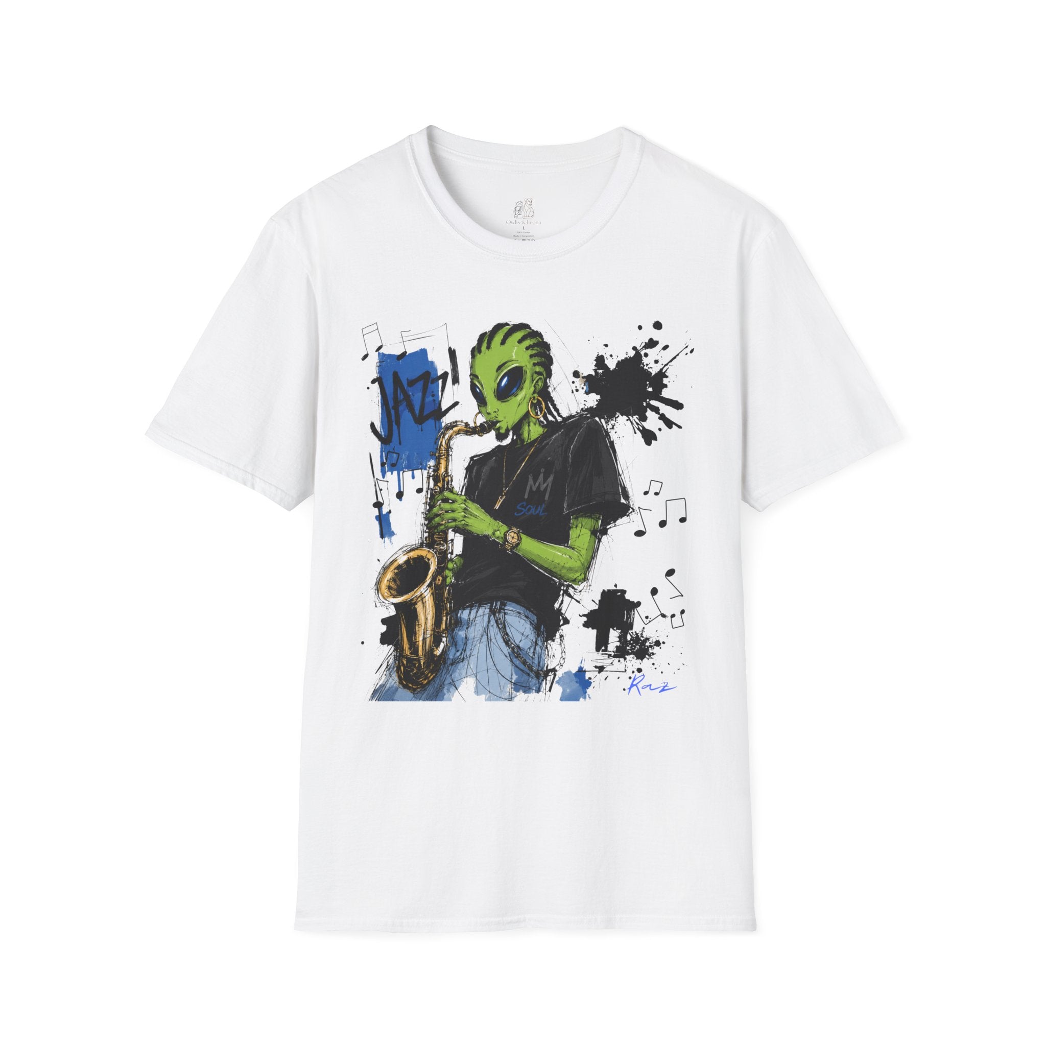 Raz Jazz Saxophone T-Shirt — Green Extraterrestrial Music Tee-Tito & Raz Edition
