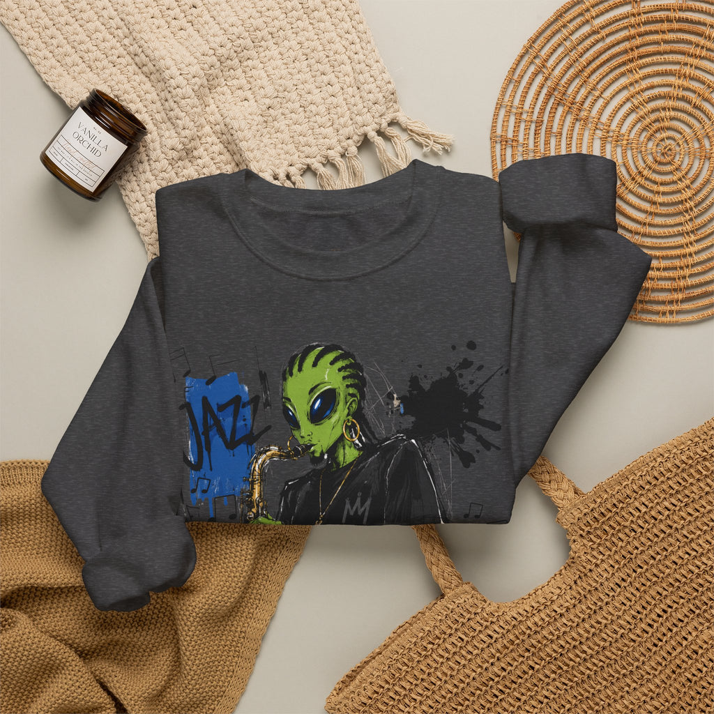 Alien Jazz Crewneck Sweatshirt — Green Extraterrestrial Sax Player Design-Tito & Raz Edition
