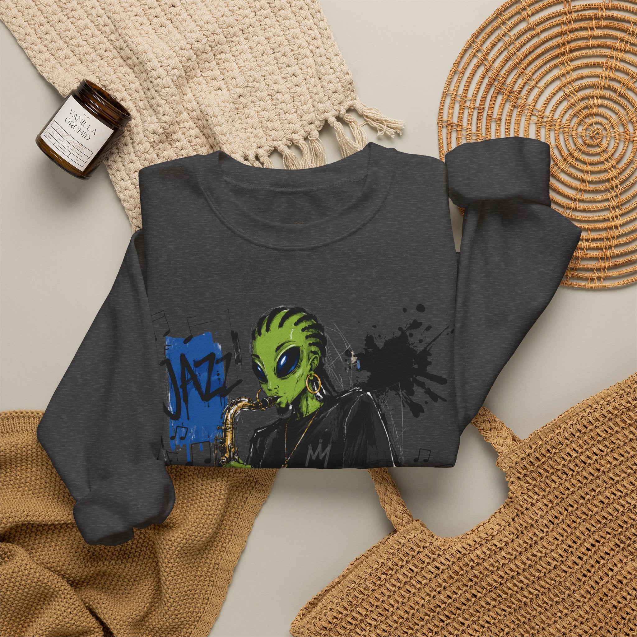 Alien Jazz Crewneck Sweatshirt — Green Extraterrestrial Sax Player Design-Tito & Raz Edition