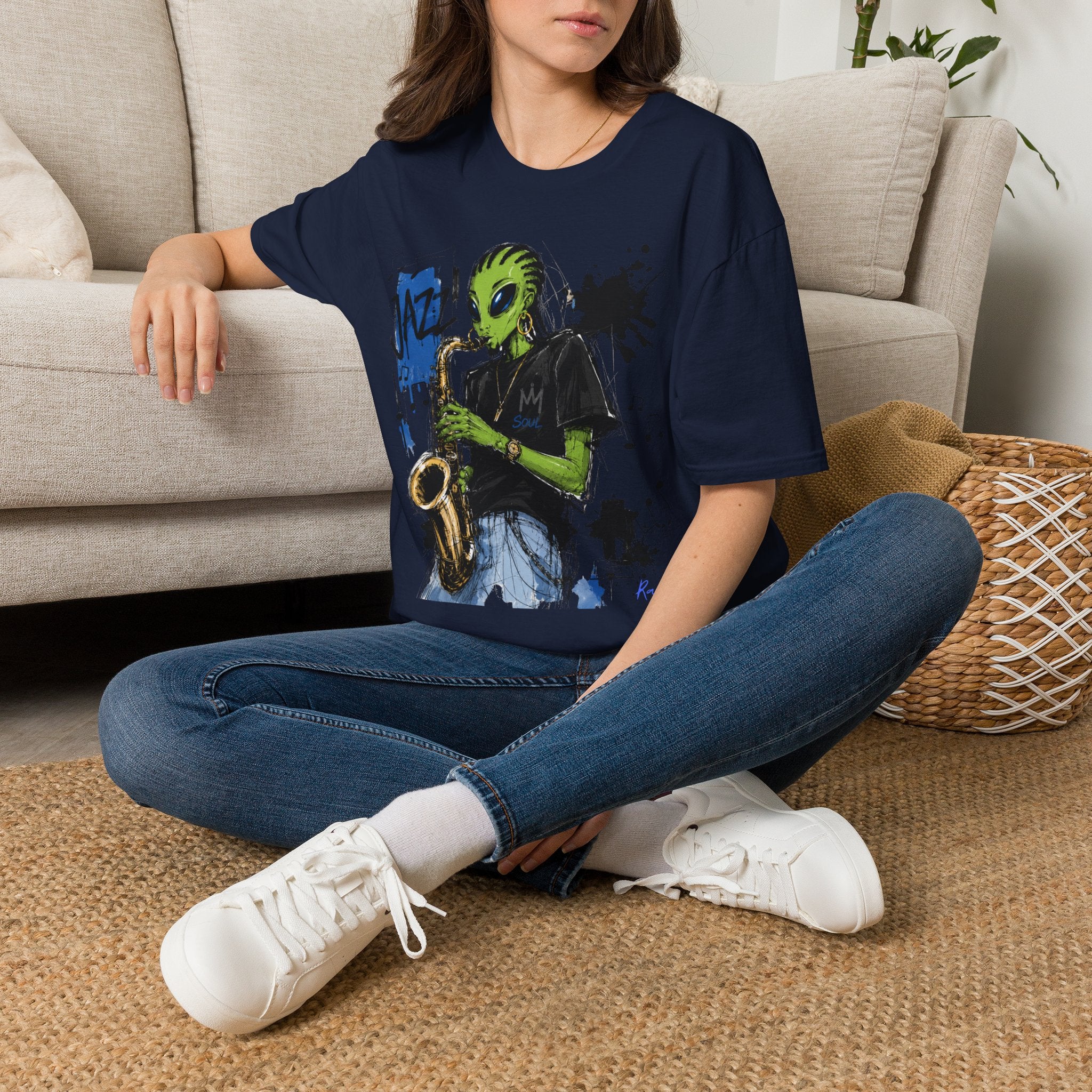 Raz Jazz Saxophone T-Shirt — Green Extraterrestrial Music Tee-Tito & Raz Edition