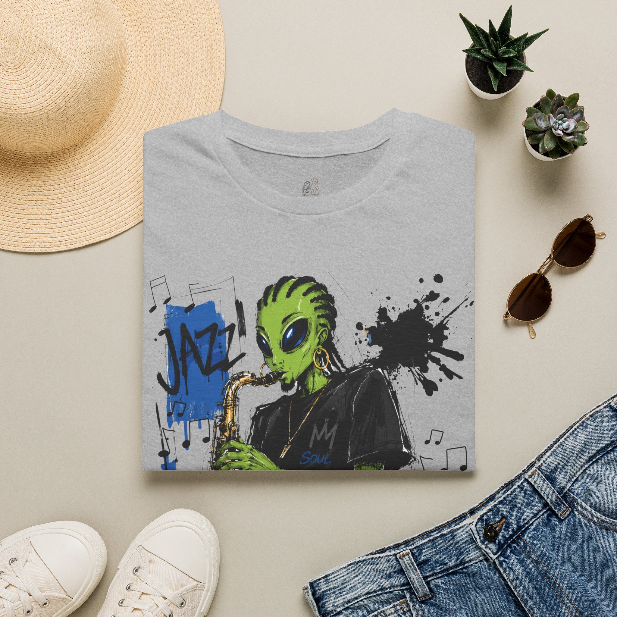Raz Jazz Saxophone T-Shirt — Green Extraterrestrial Music Tee-Tito & Raz Edition