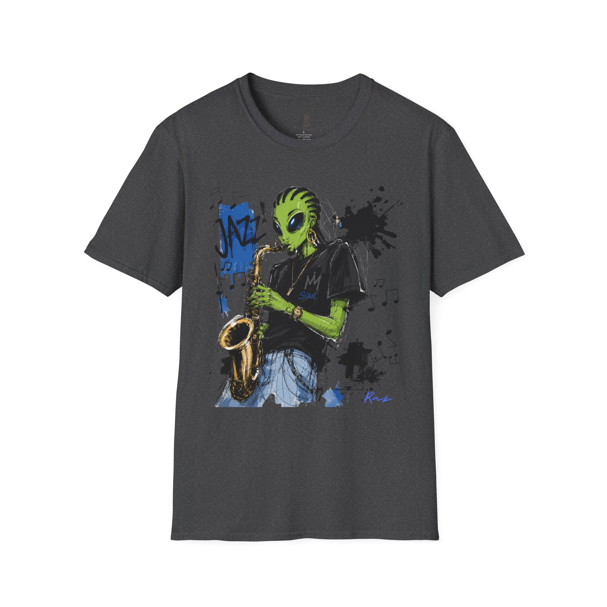 Raz Jazz Saxophone T-Shirt — Green Extraterrestrial Music Tee-Tito & Raz Edition