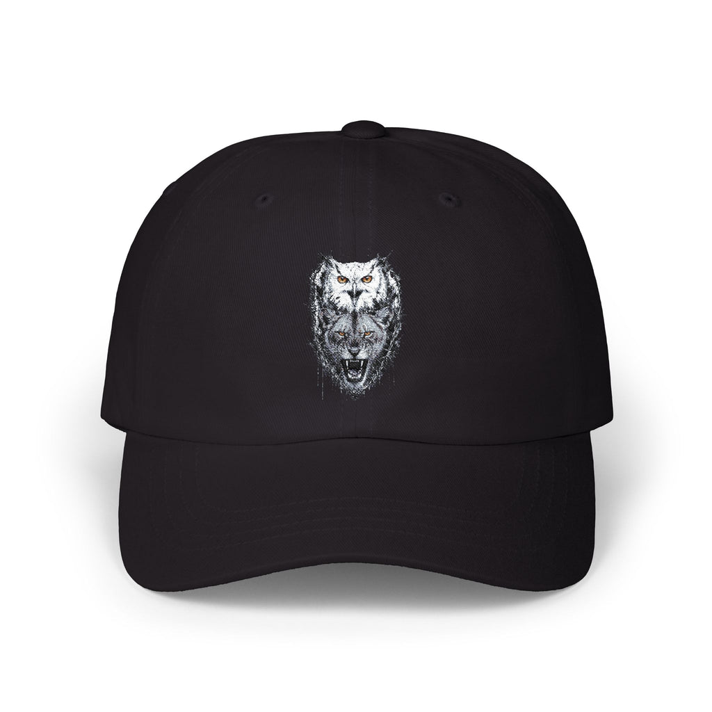 Owlix & Leona Watercolor Dad Cap — Artistic Roaring Lioness & Calm Owl Baseball Hat