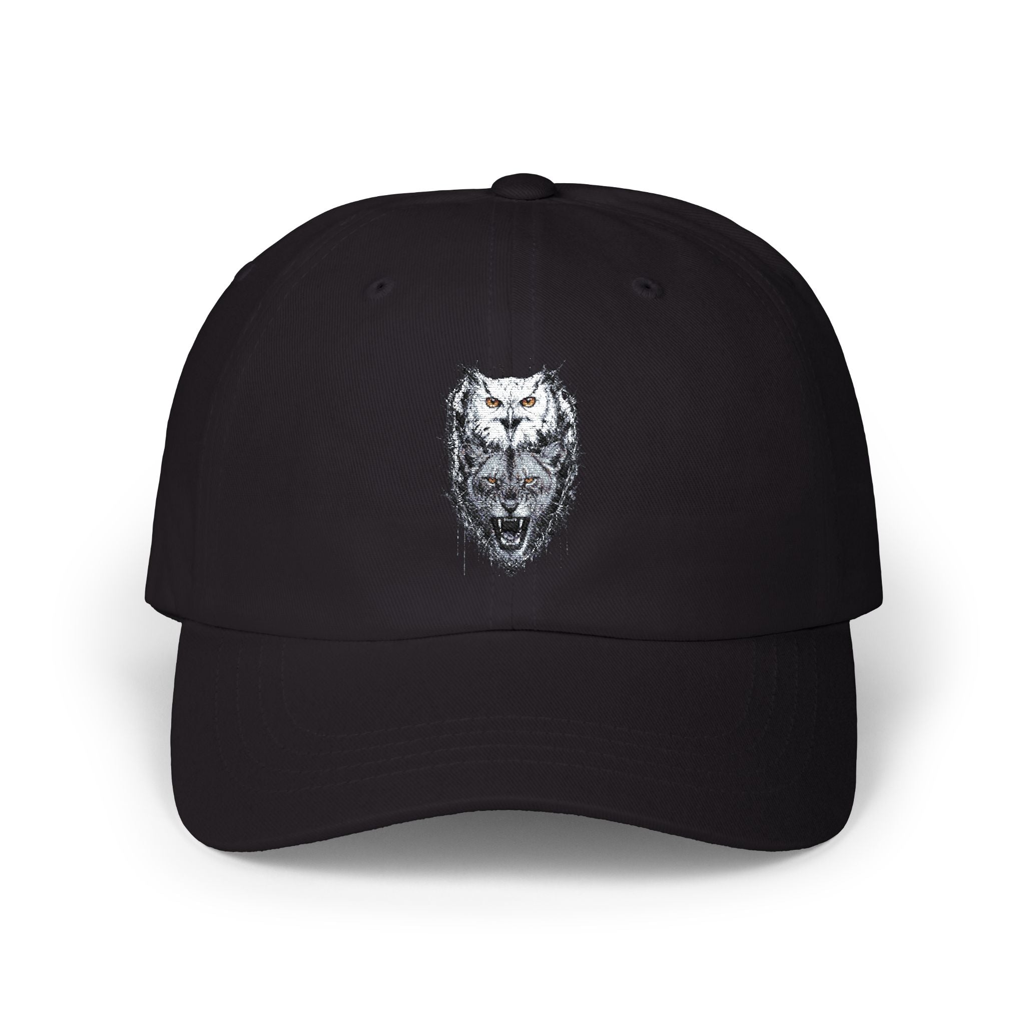 Owlix & Leona Watercolor Dad Cap — Artistic Roaring Lioness & Calm Owl Baseball Hat