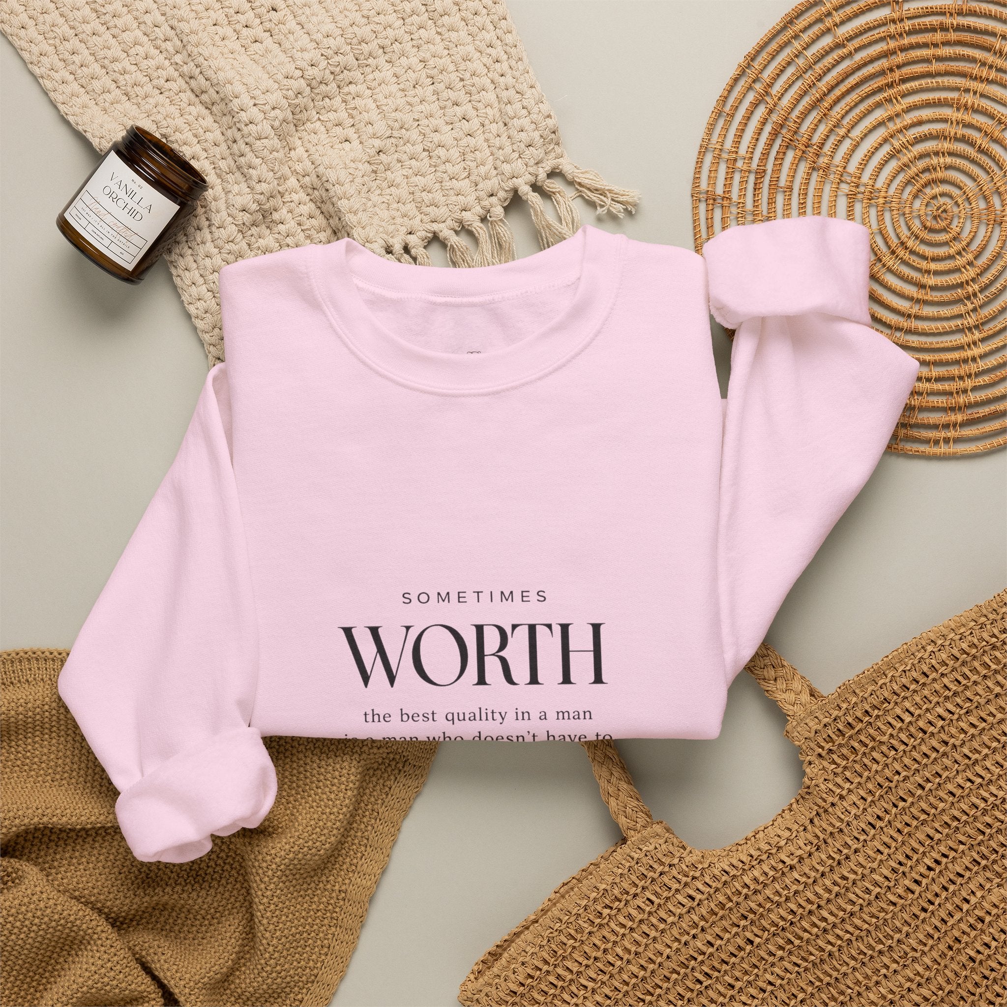 Crewneck Sweatshirt — Minimal 'Worth & Value' Inspirational Typography