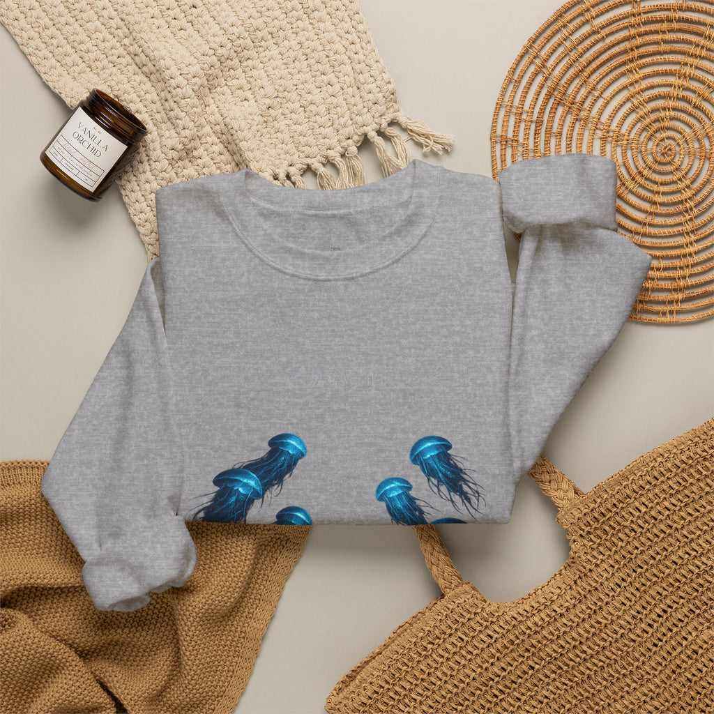 Crewneck Sweatshirt — Blue Jellyfish Graphic Pullover 不易察觉的