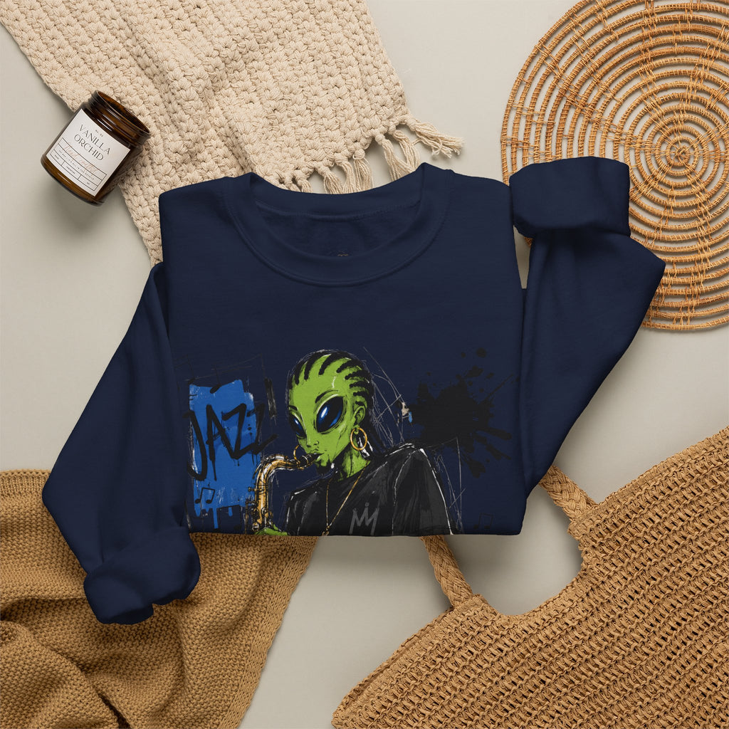 Alien Jazz Crewneck Sweatshirt — Green Extraterrestrial Sax Player Design-Tito & Raz Edition