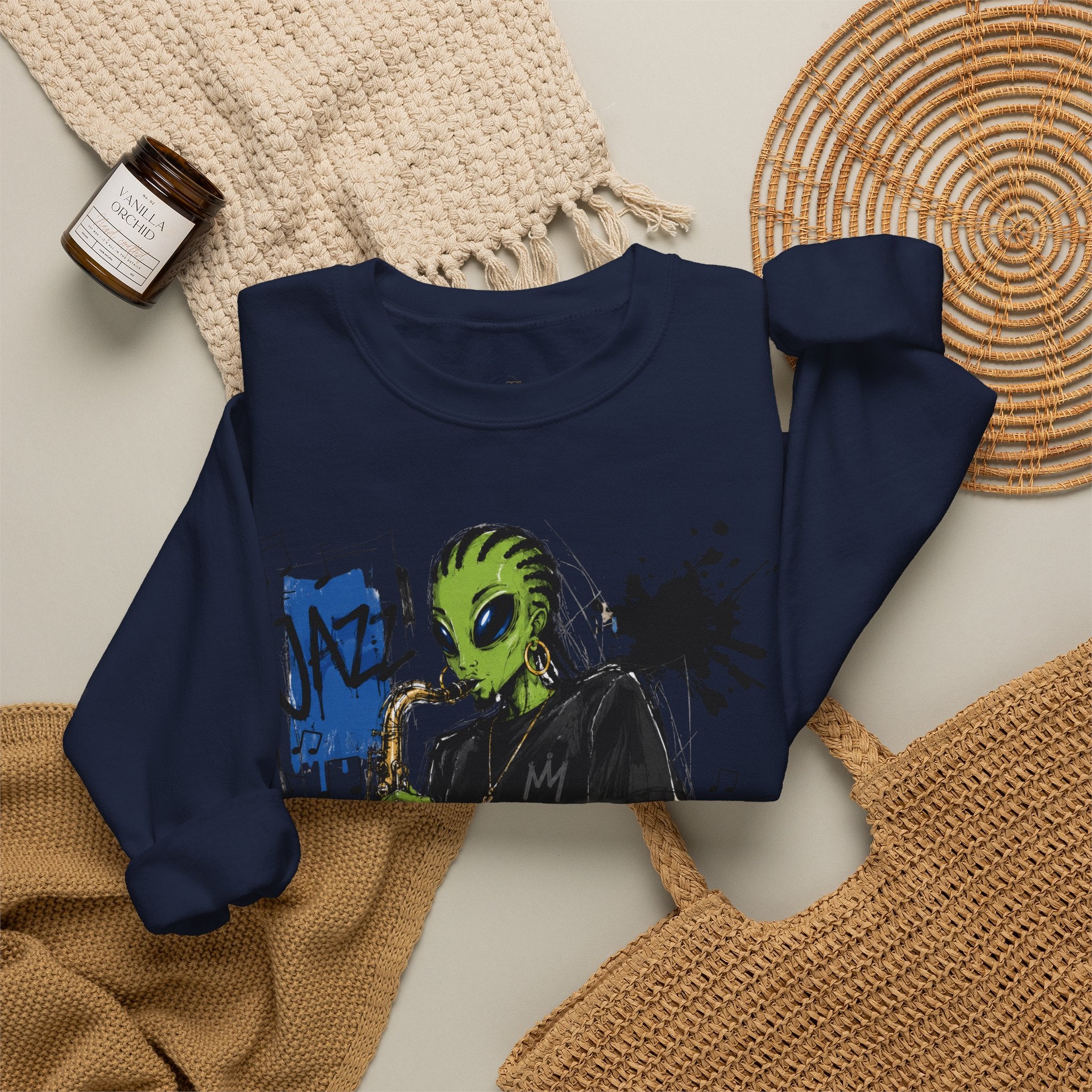 Alien Jazz Crewneck Sweatshirt — Green Extraterrestrial Sax Player Design-Tito & Raz Edition