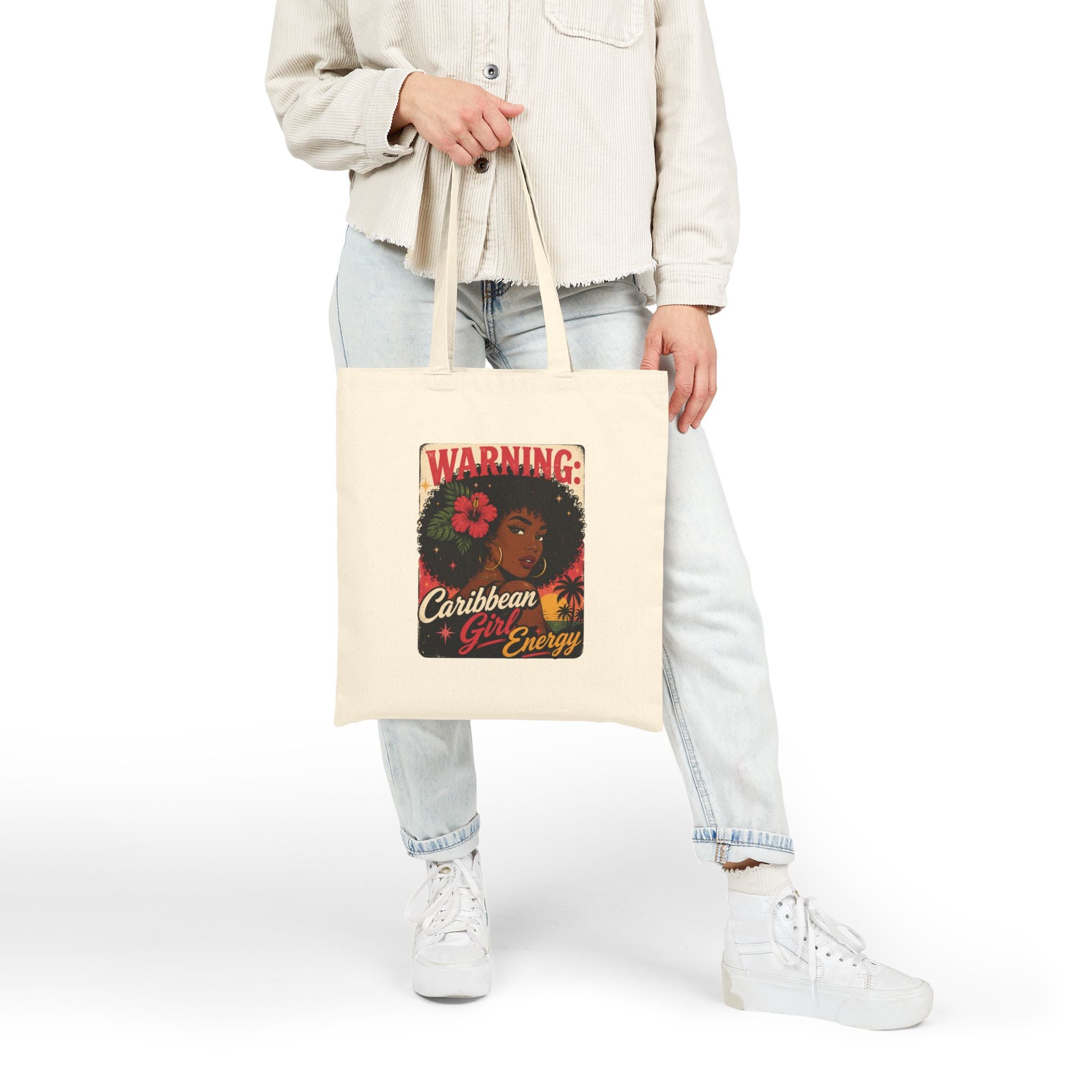Tote Bag — "Warning: Caribbean Girl Energy" Vintage-Style Canvas Tote