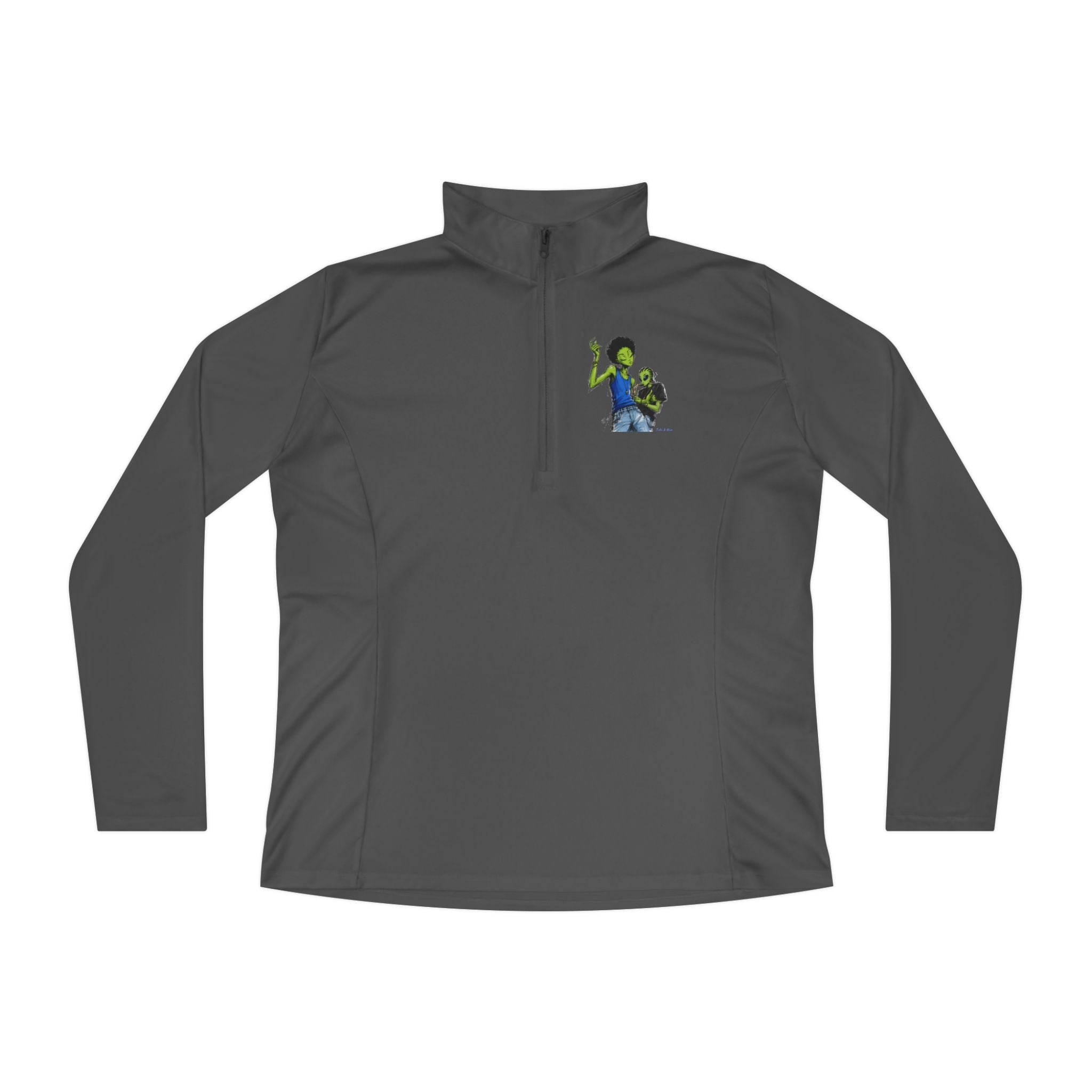 Ladies Quarter-Zip Pullover — Green Alien Pose Embroidered Performance Top