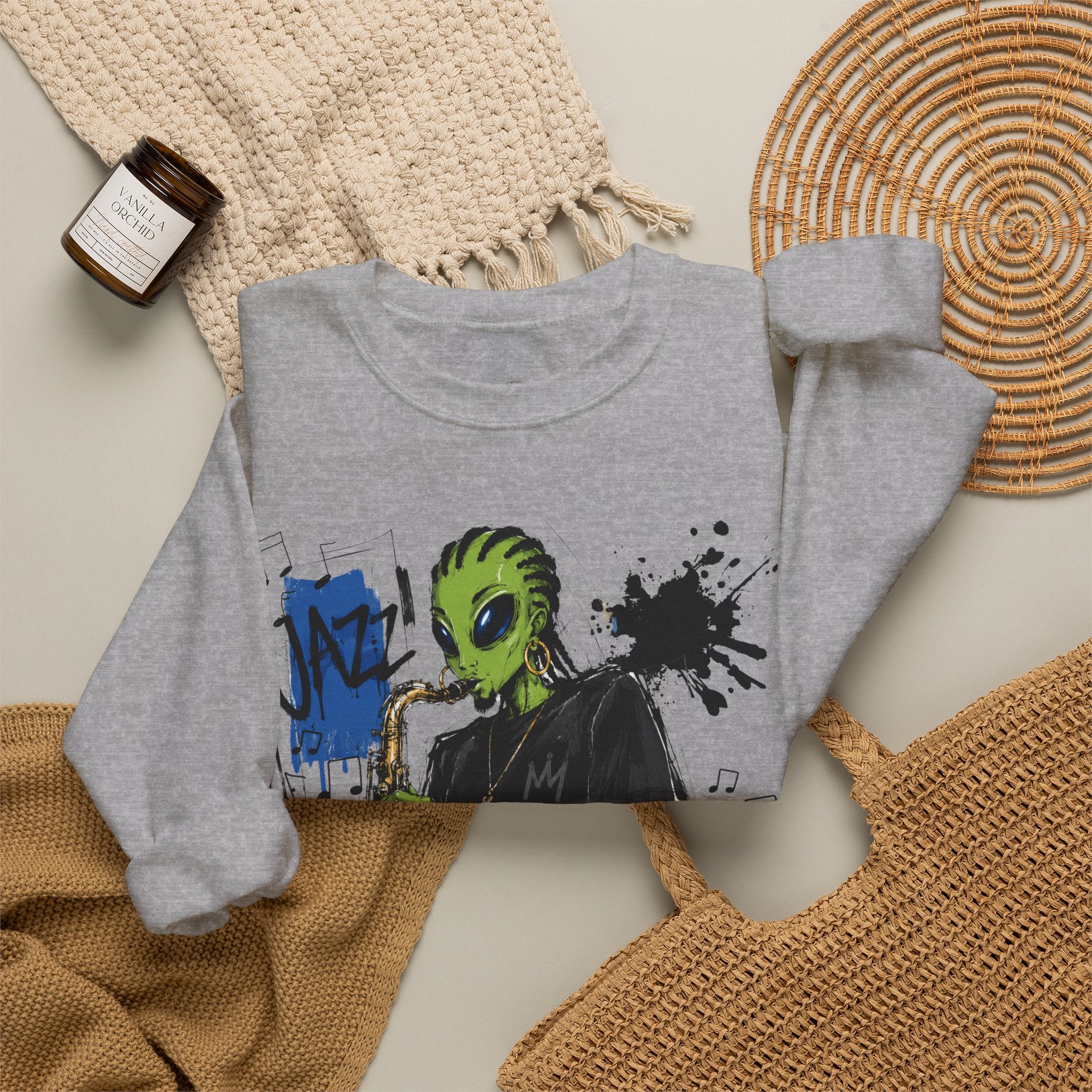 Alien Jazz Crewneck Sweatshirt — Green Extraterrestrial Sax Player Design-Tito & Raz Edition