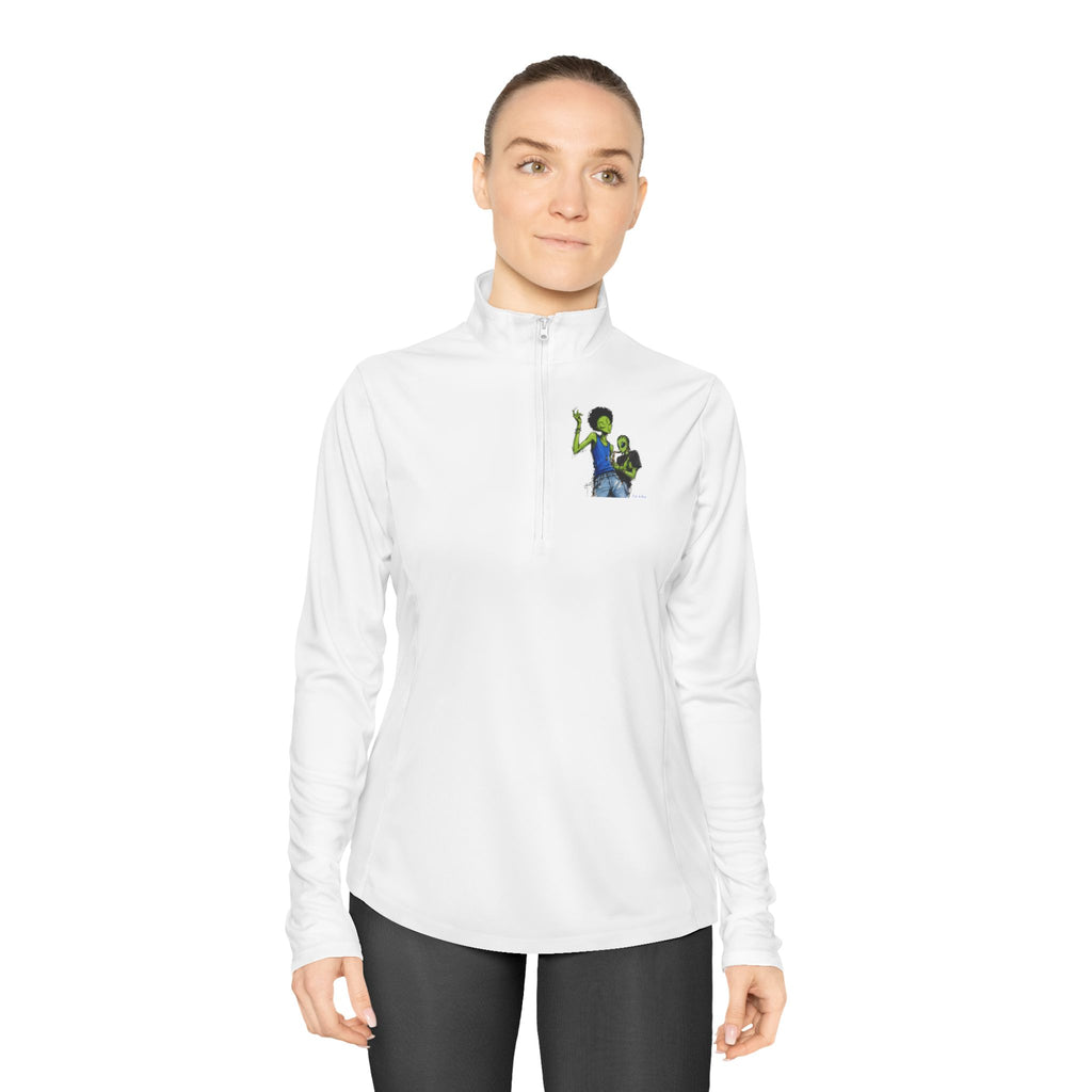 Ladies Quarter-Zip Pullover — Green Alien Pose Embroidered Performance Top