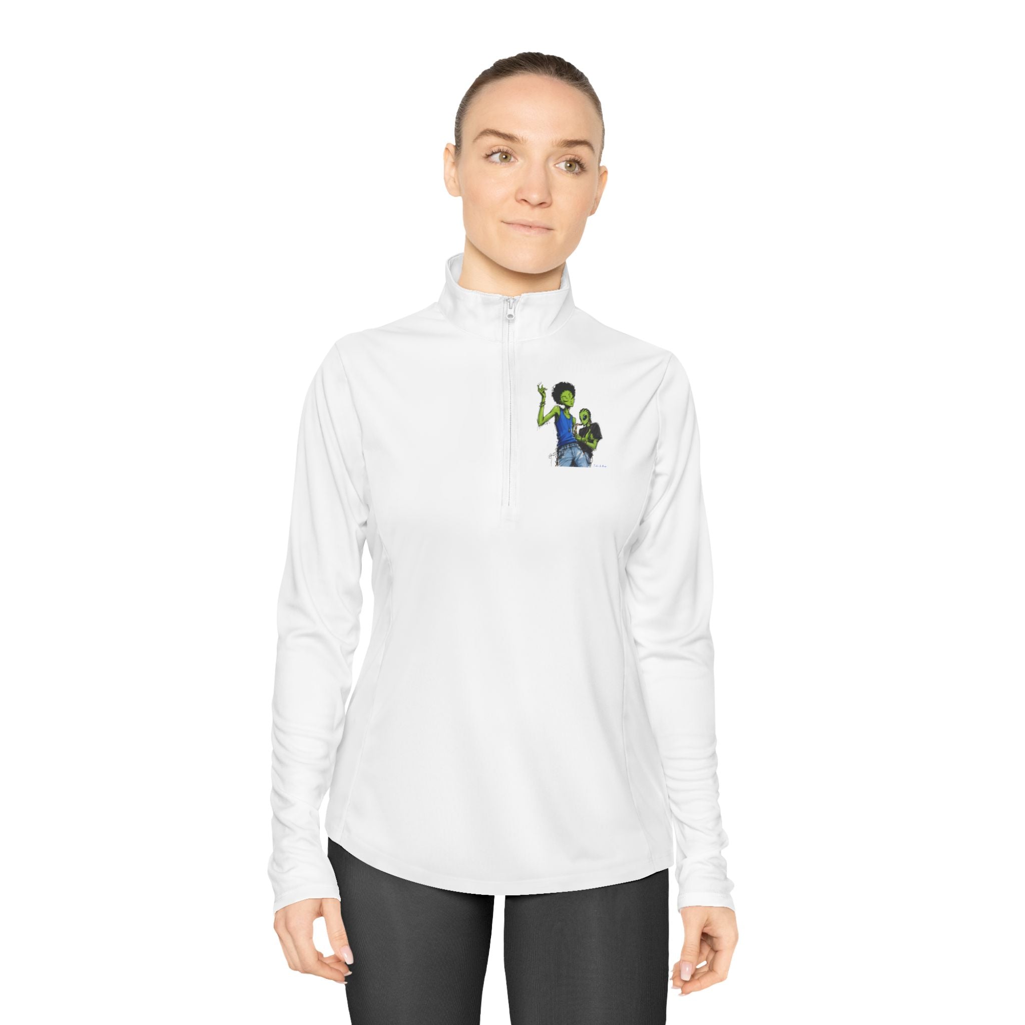 Ladies Quarter-Zip Pullover — Green Alien Pose Embroidered Performance Top