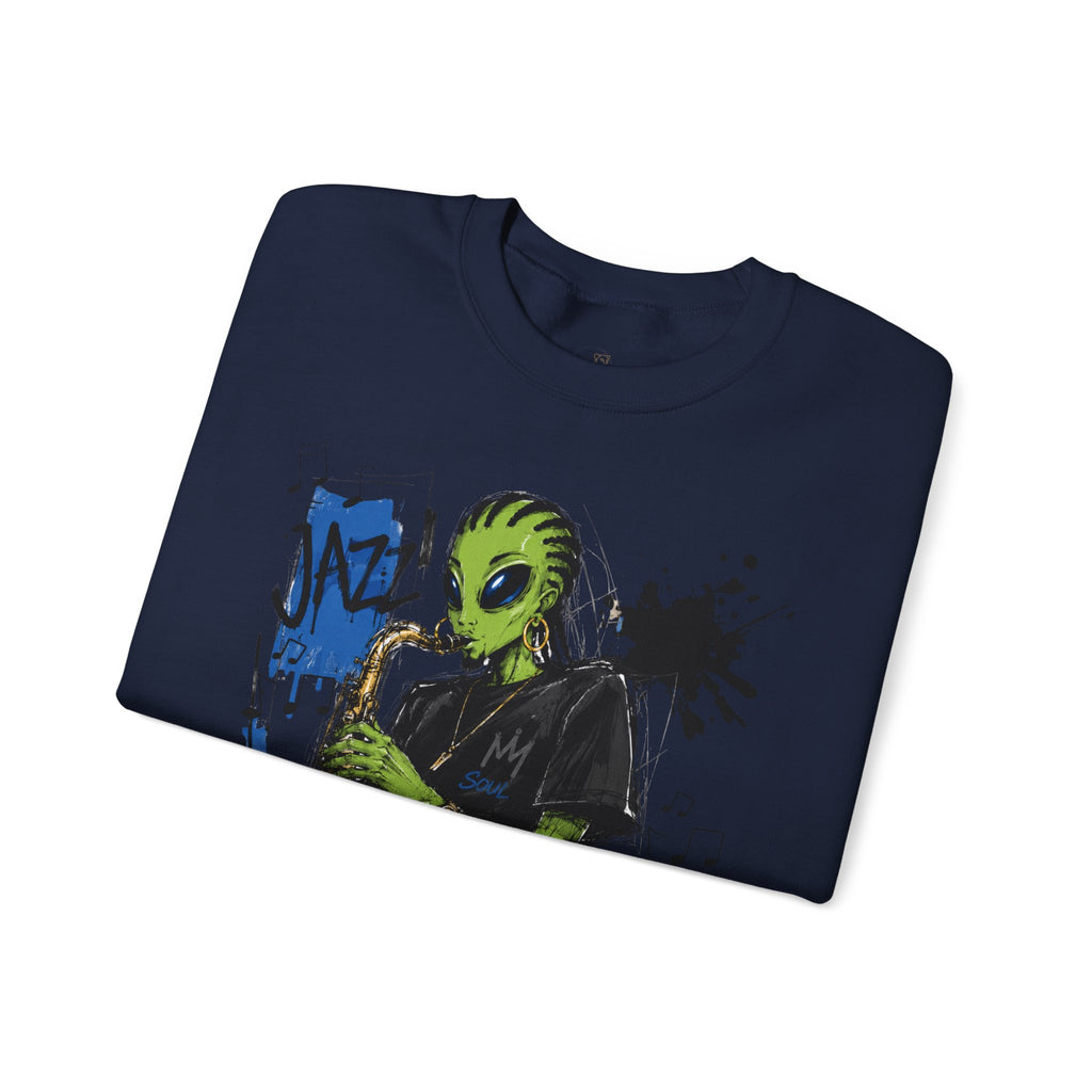 Alien Jazz Crewneck Sweatshirt — Green Extraterrestrial Sax Player Design-Tito & Raz Edition