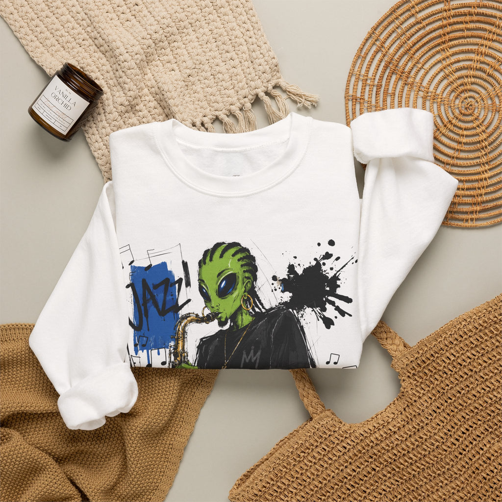 Alien Jazz Crewneck Sweatshirt — Green Extraterrestrial Sax Player Design-Tito & Raz Edition