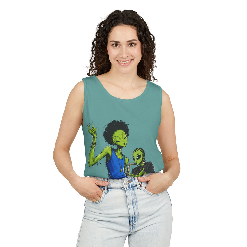 Alien Duo Graphic Tank Top — Retro Streetwear Art Tee-Tito & Raz Edition