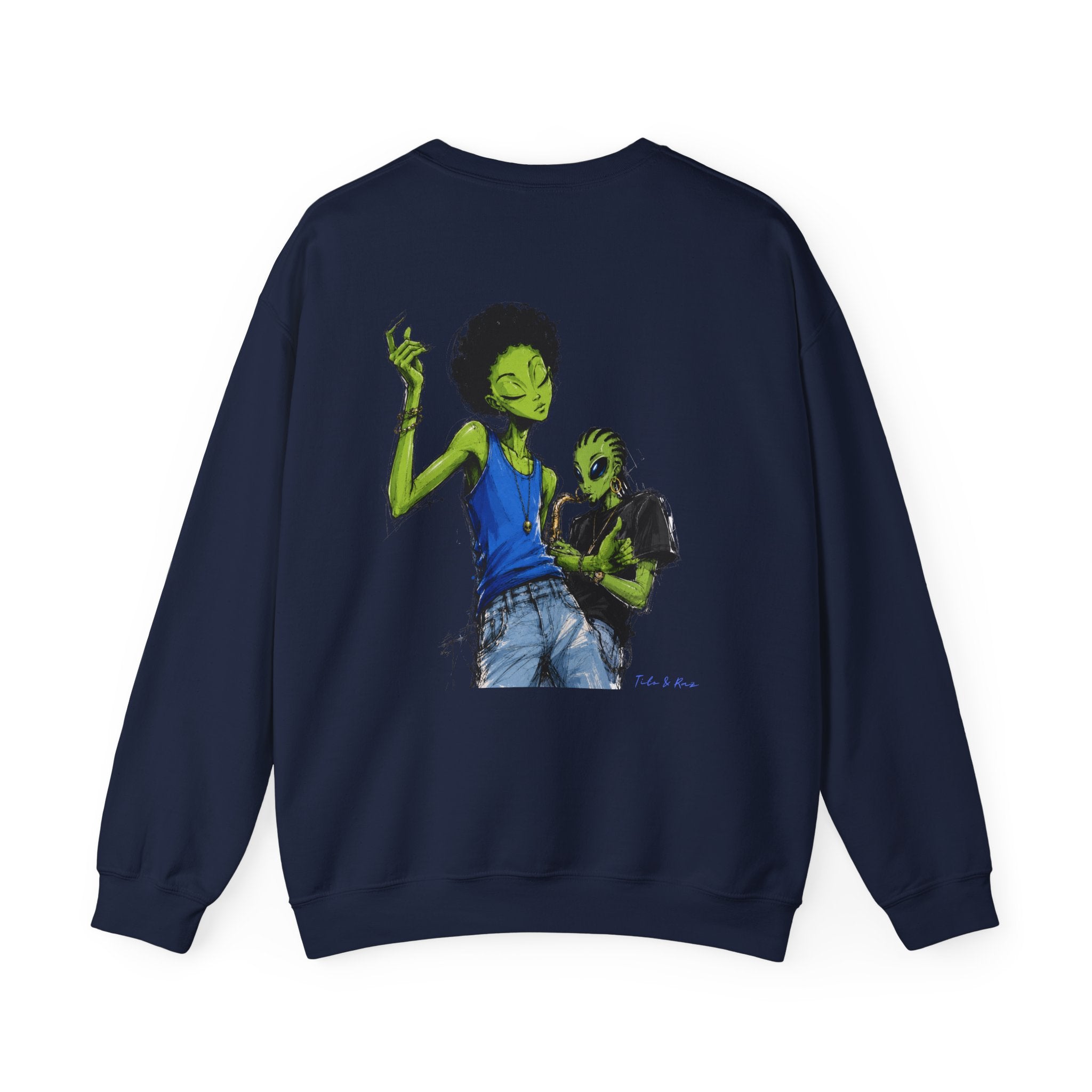 Alien Jazz Crewneck Sweatshirt — Green Extraterrestrial Sax Player Design-Tito & Raz Edition