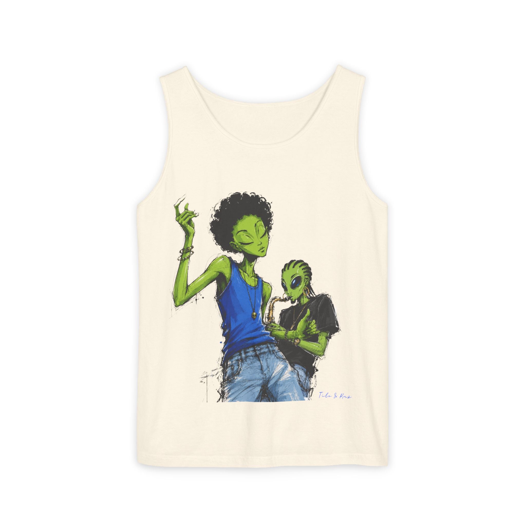Alien Duo Graphic Tank Top — Retro Streetwear Art Tee-Tito & Raz Edition