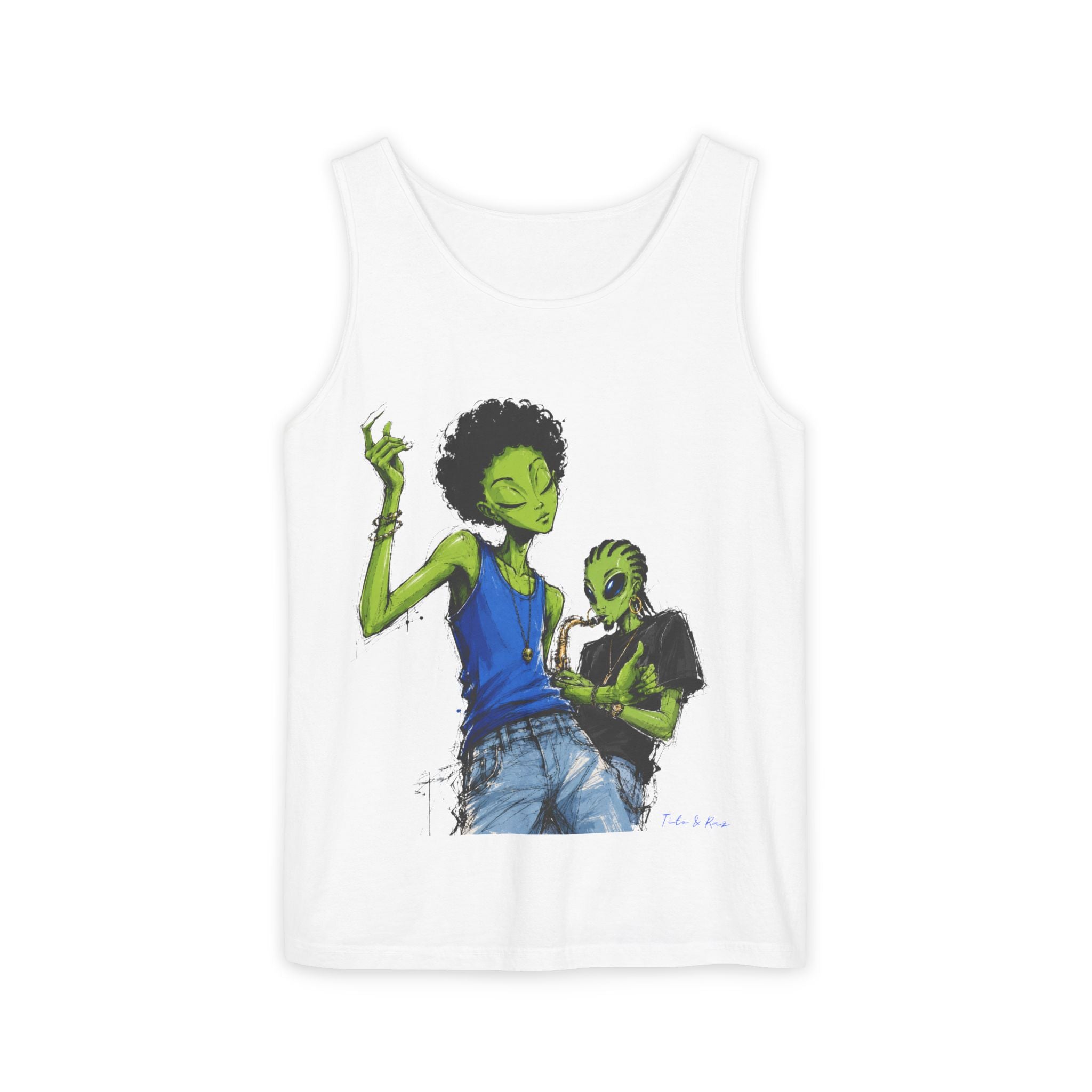 Alien Duo Graphic Tank Top — Retro Streetwear Art Tee-Tito & Raz Edition