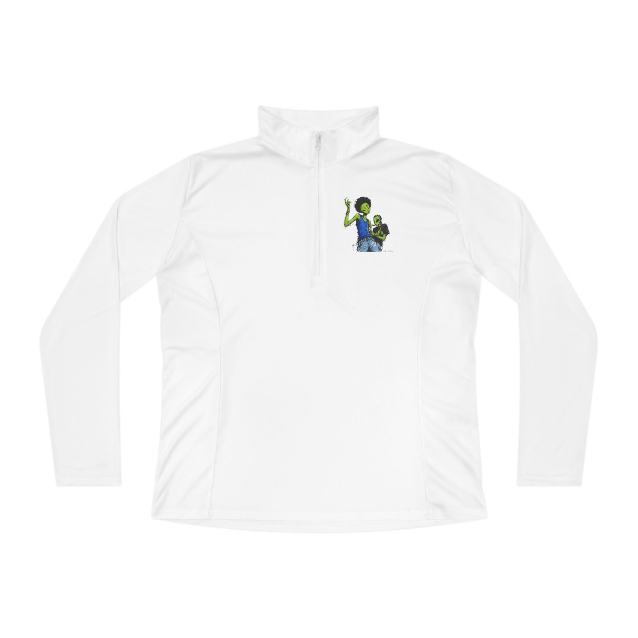 Ladies Quarter-Zip Pullover — Green Alien Pose Embroidered Performance Top