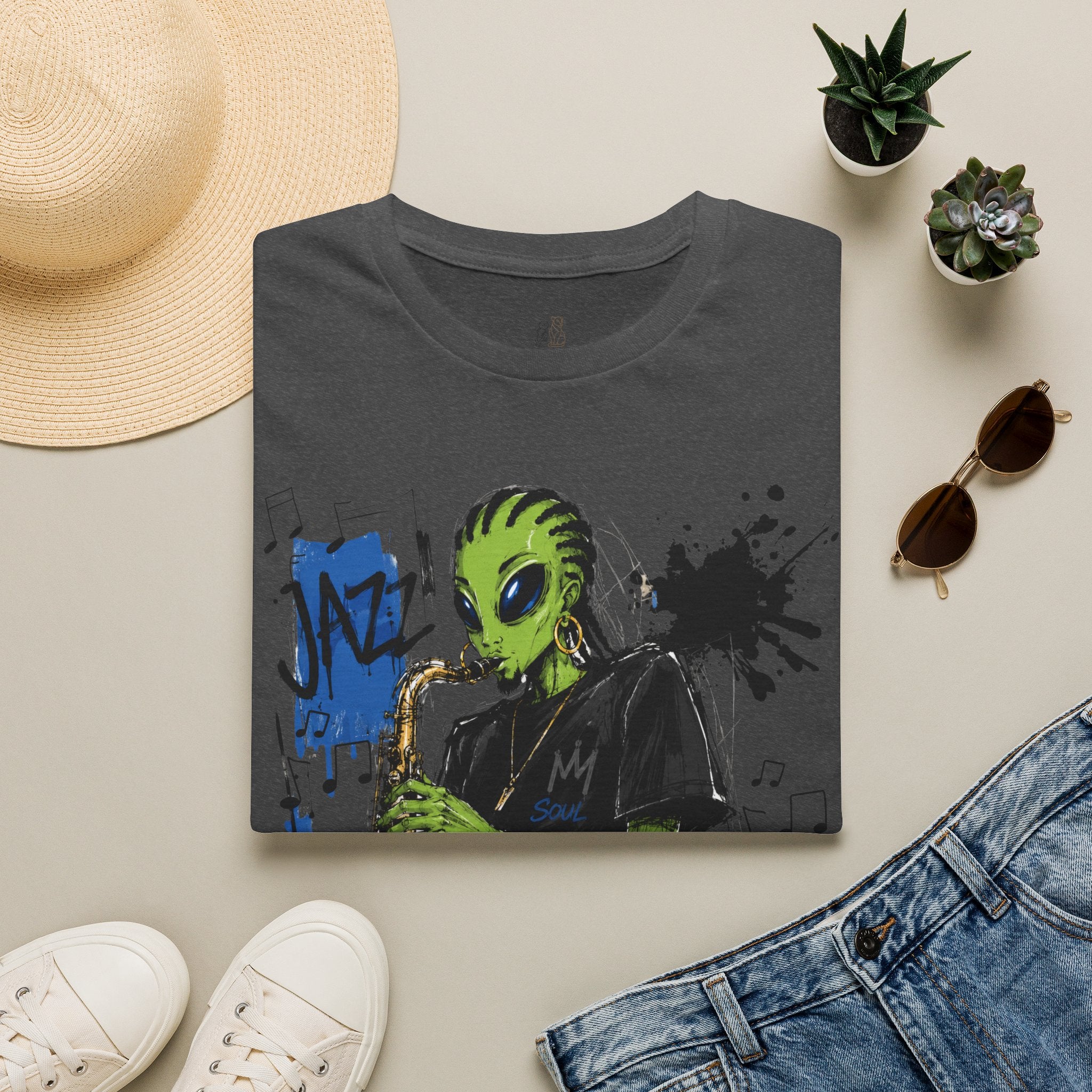Raz Jazz Saxophone T-Shirt — Green Extraterrestrial Music Tee-Tito & Raz Edition