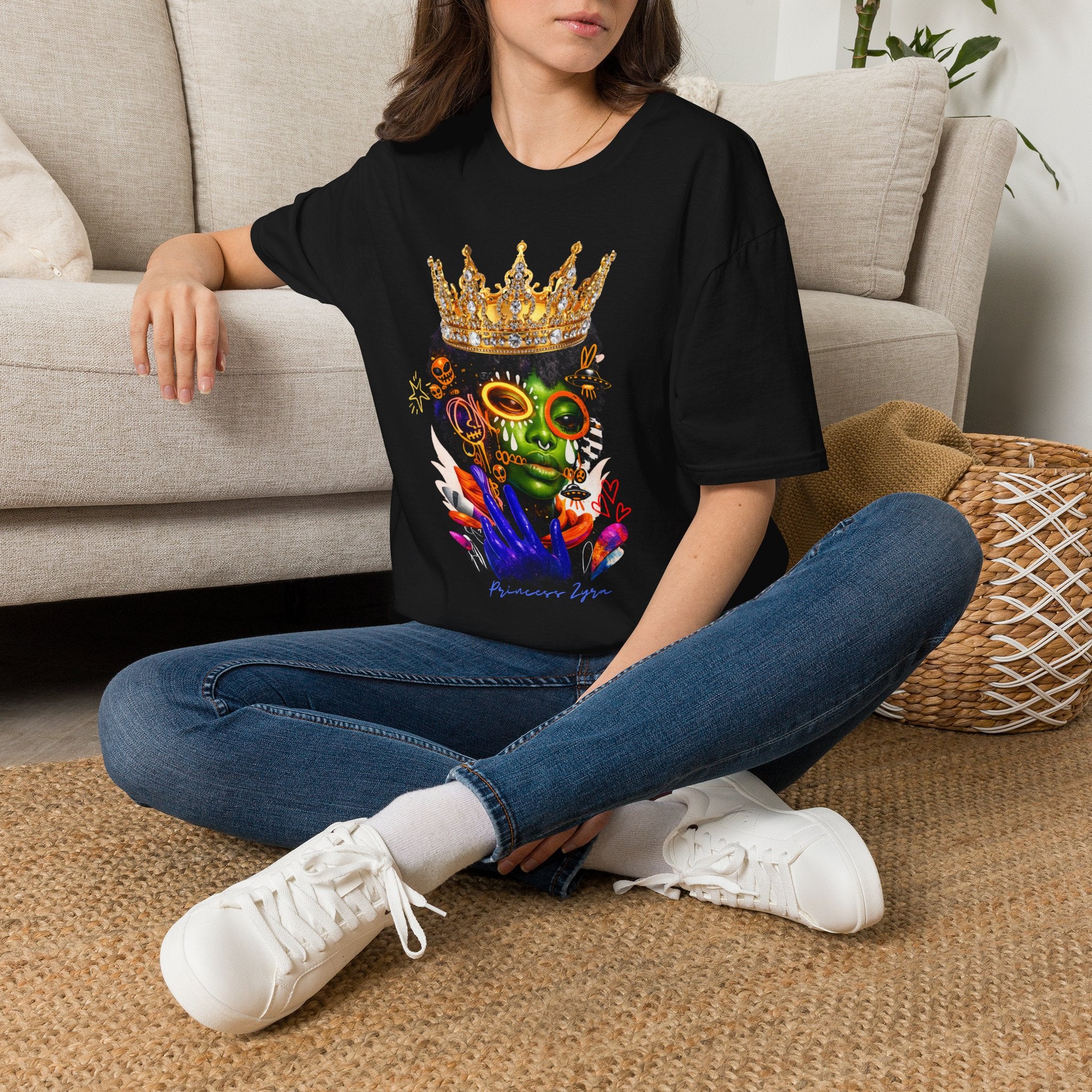 Princess Zyra T-Shirt — Vibrant Crowned Afro Skull Graphic Tee