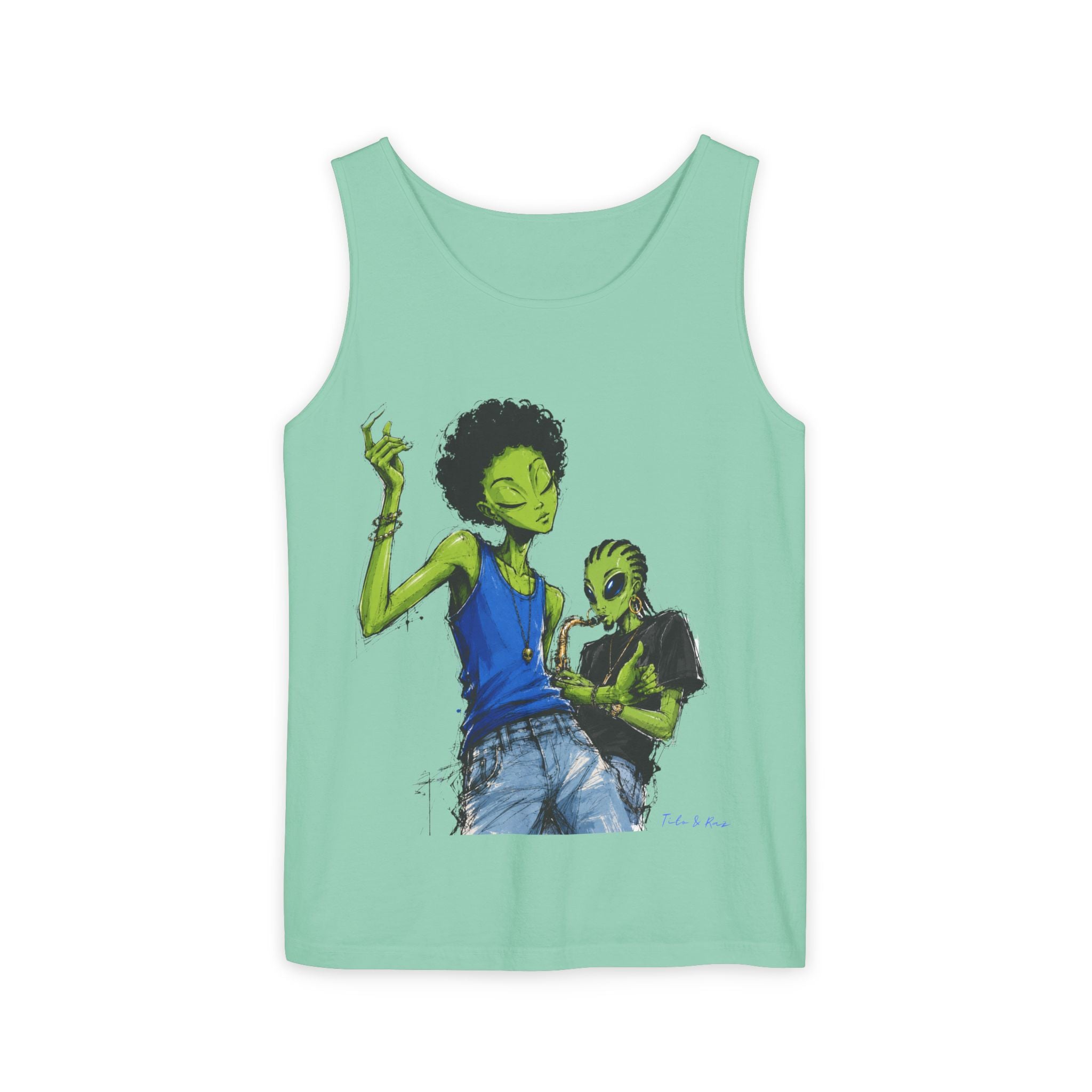 Alien Duo Graphic Tank Top — Retro Streetwear Art Tee-Tito & Raz Edition
