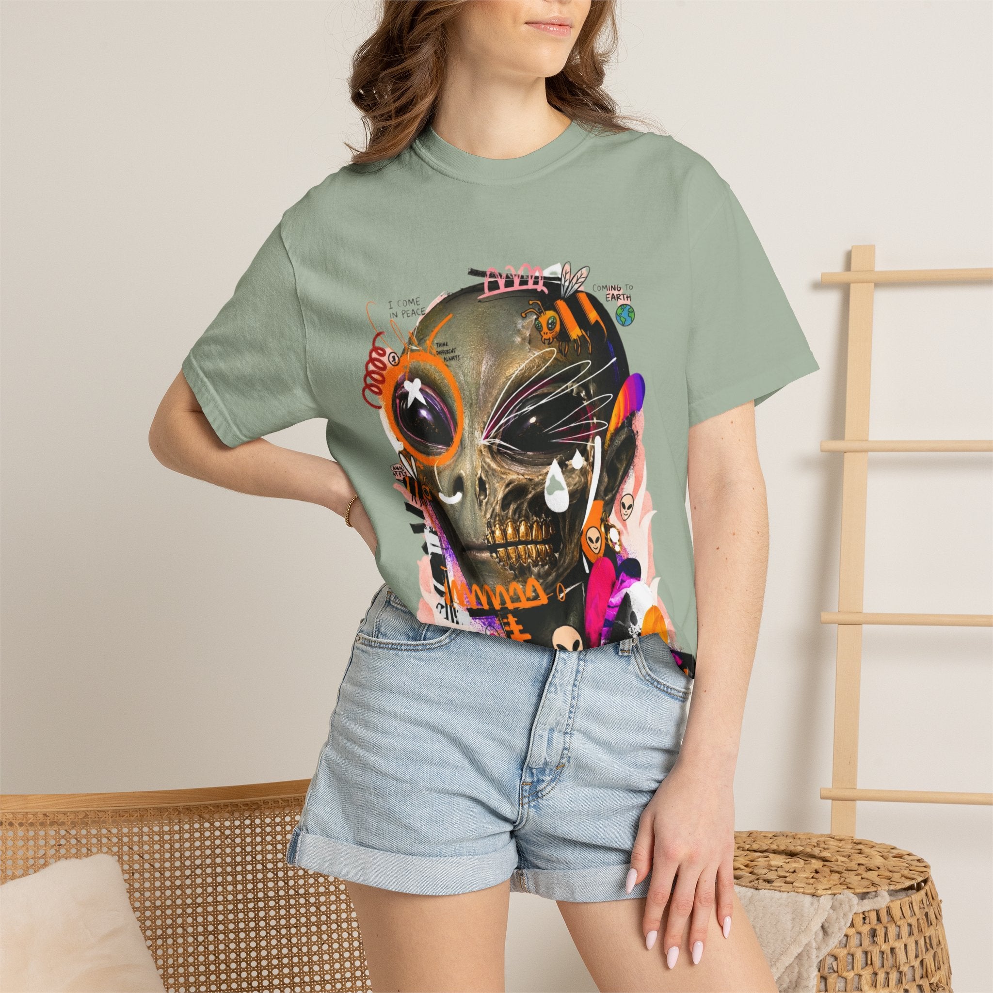 Skull Graffiti T-Shirt — Abstract Neon Alien Street Art Tee