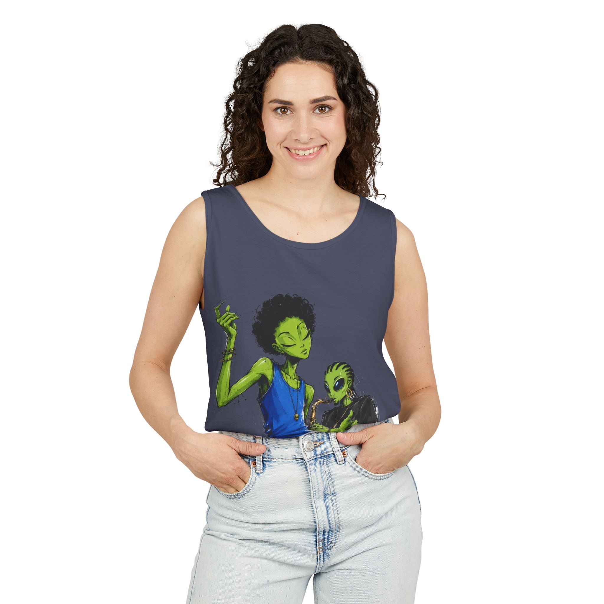 Alien Duo Graphic Tank Top — Retro Streetwear Art Tee-Tito & Raz Edition