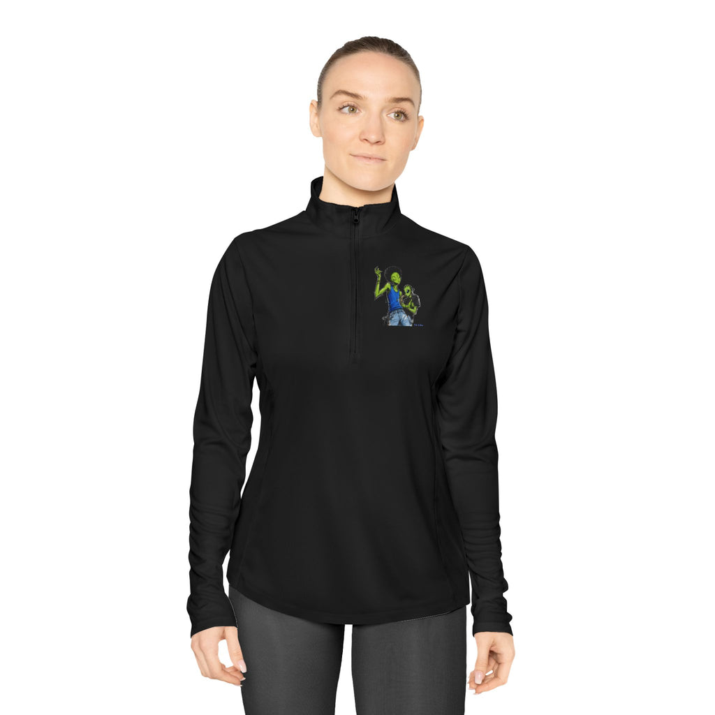 Ladies Quarter-Zip Pullover — Green Alien Pose Embroidered Performance Top