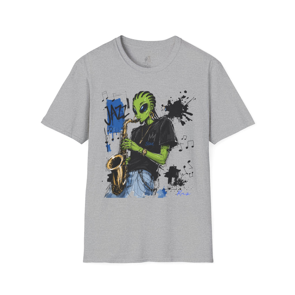 Raz Jazz Saxophone T-Shirt — Green Extraterrestrial Music Tee-Tito & Raz Edition