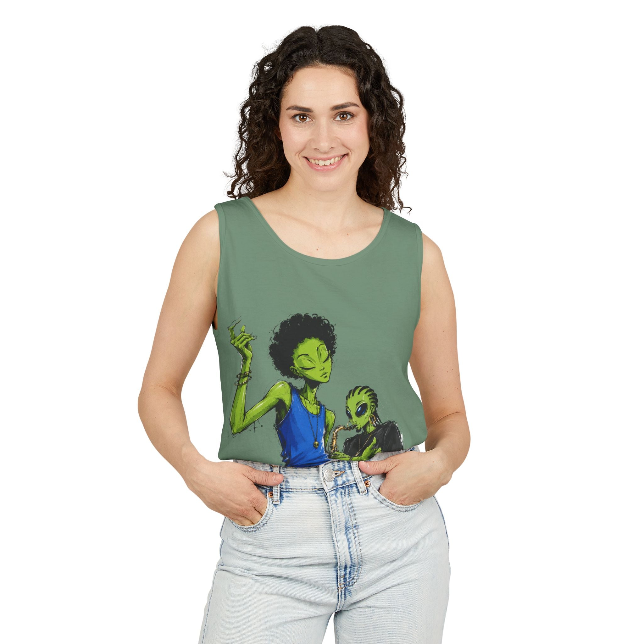 Alien Duo Graphic Tank Top — Retro Streetwear Art Tee-Tito & Raz Edition