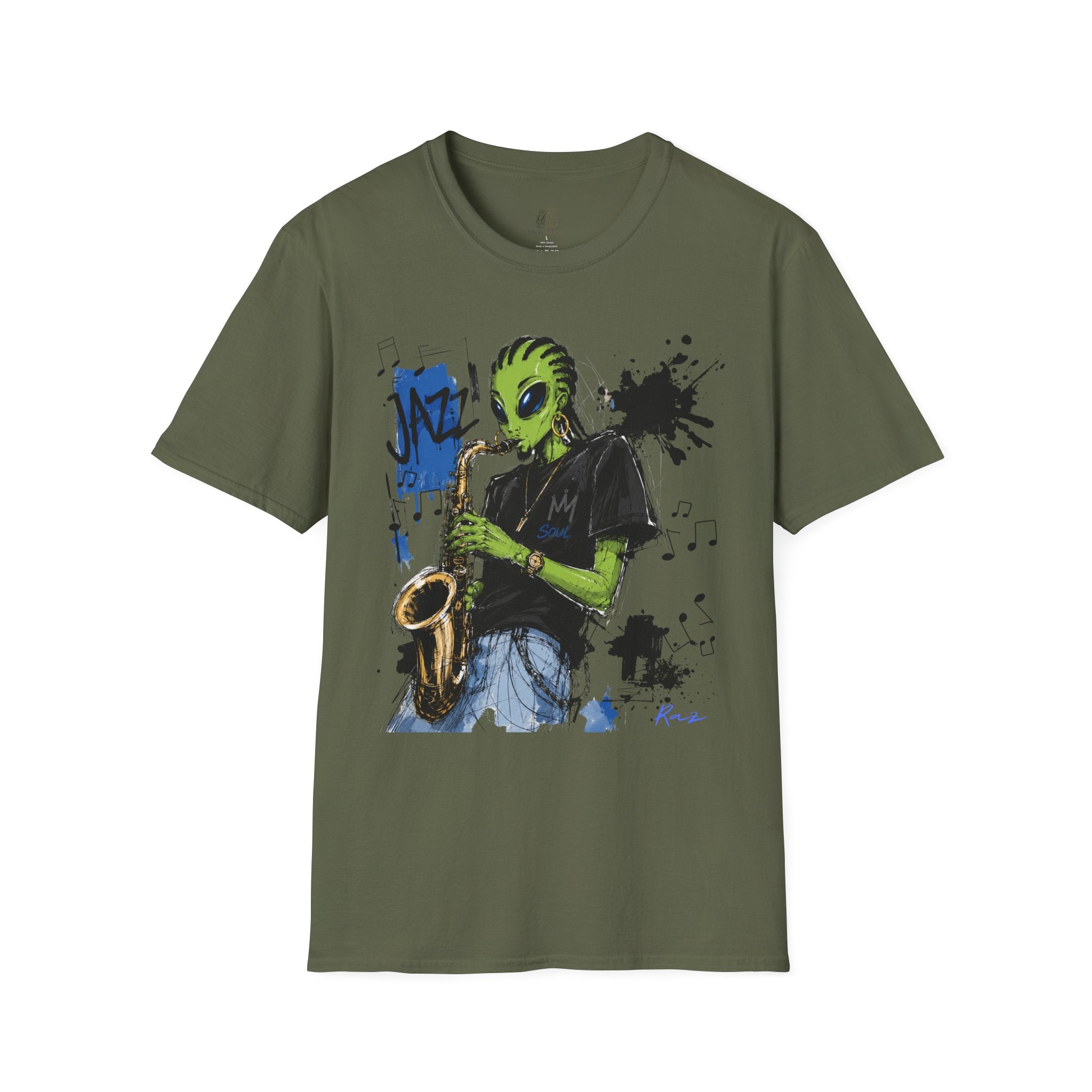 Raz Jazz Saxophone T-Shirt — Green Extraterrestrial Music Tee-Tito & Raz Edition