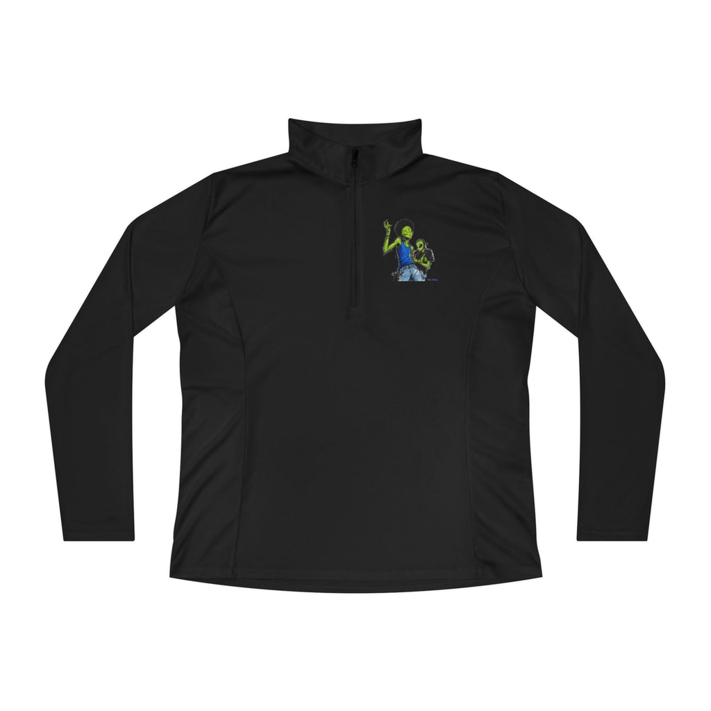 Ladies Quarter-Zip Pullover — Green Alien Pose Embroidered Performance Top