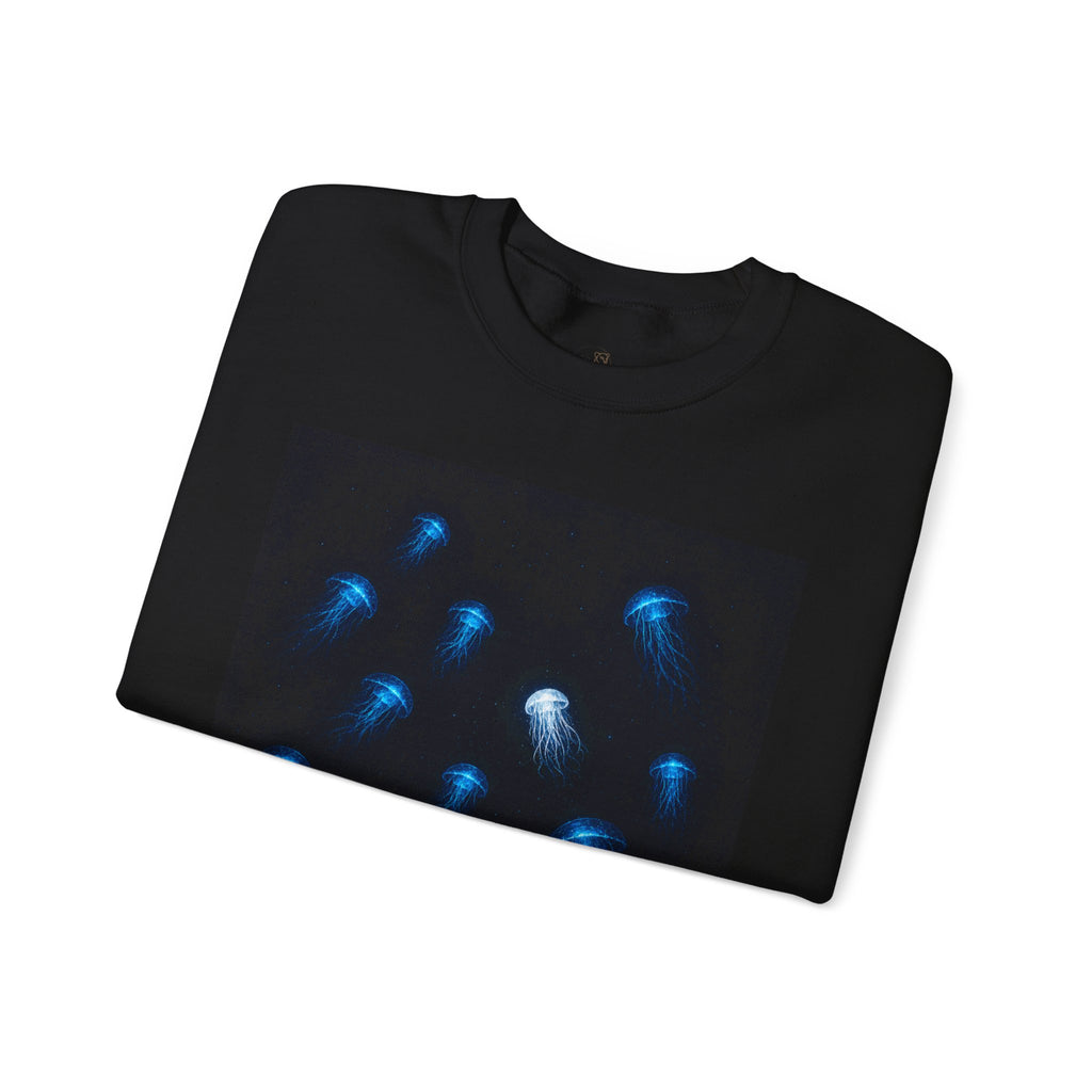 Crewneck Sweatshirt — Blue Jellyfish Glow Graphic with 不易察觉的 bù yì chá jué de