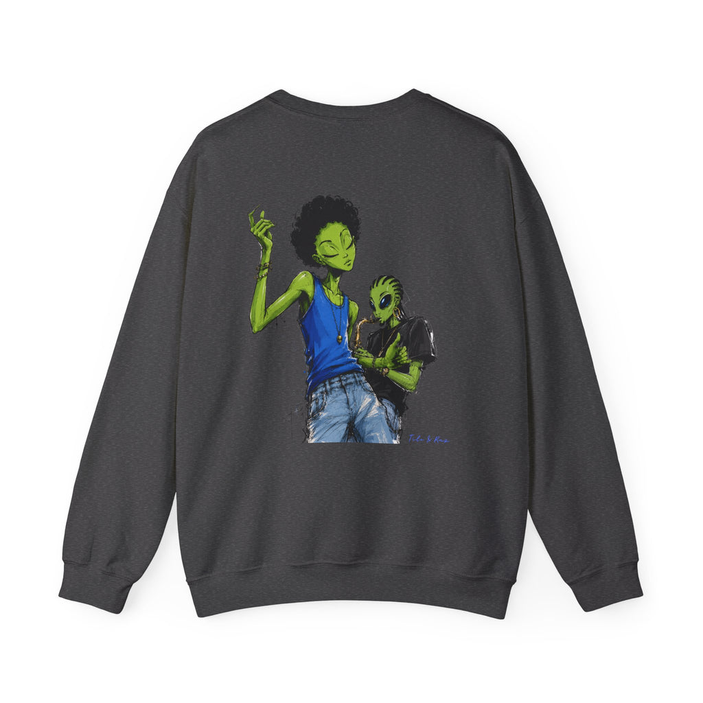 Alien Jazz Crewneck Sweatshirt — Green Extraterrestrial Sax Player Design-Tito & Raz Edition